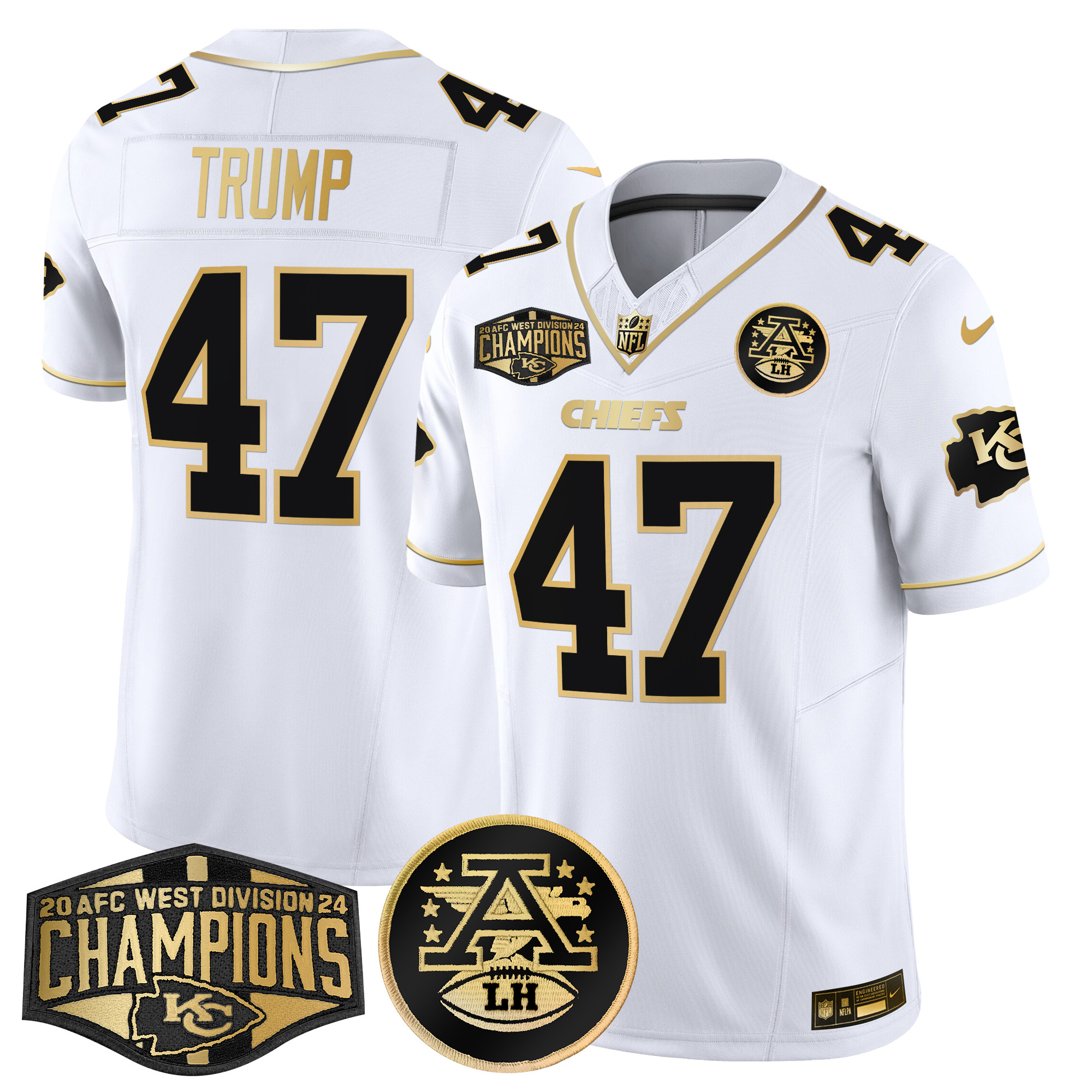 Men's Donald Trump Kansas City Chiefs 2024 AFC West Division Champions Patch Gold Vapor Limited White Gold Jersey - All Stitched