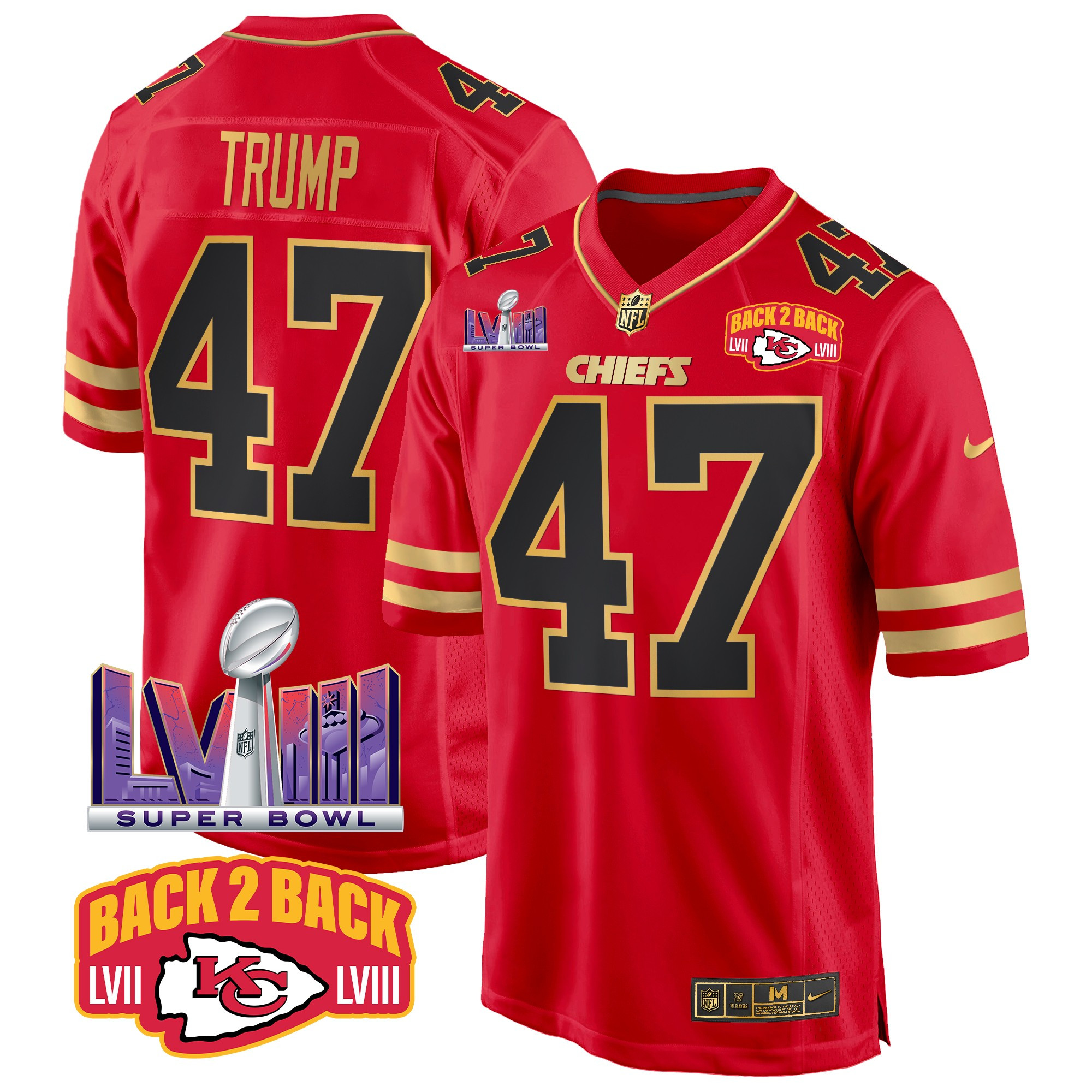 Men's Donald Trump Kansas City Chiefs Super Bowl LVIII & Back 2 Back Patch Game Black Red Jersey - All Stitched