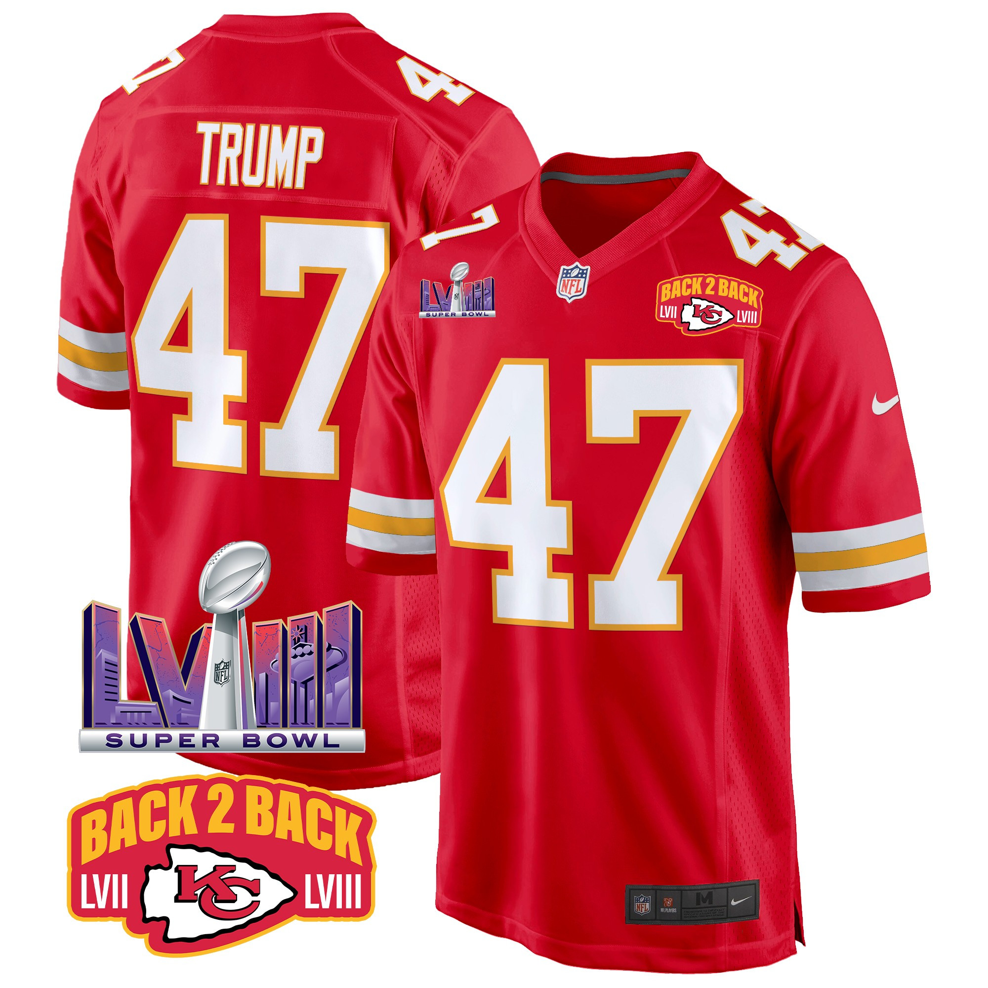Men's Donald Trump Kansas City Chiefs Super Bowl LVIII & Back 2 Back Patch Game Red Jersey - All Stitched