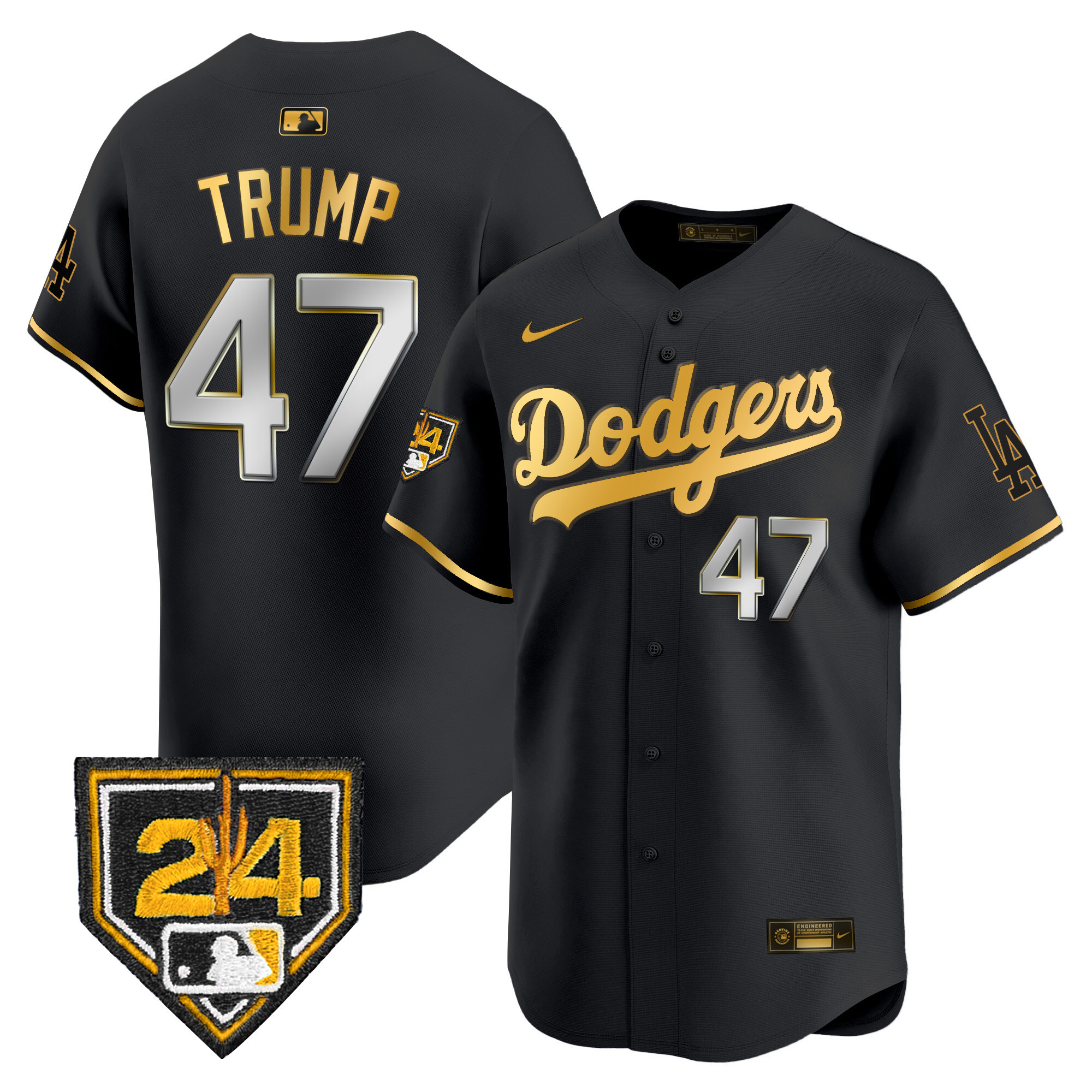 Men's Donald Trump Los Angeles Dodgers 2024 Spring Training Patch Vapor Premier Limited Black Gold Jersey - All Stitched
