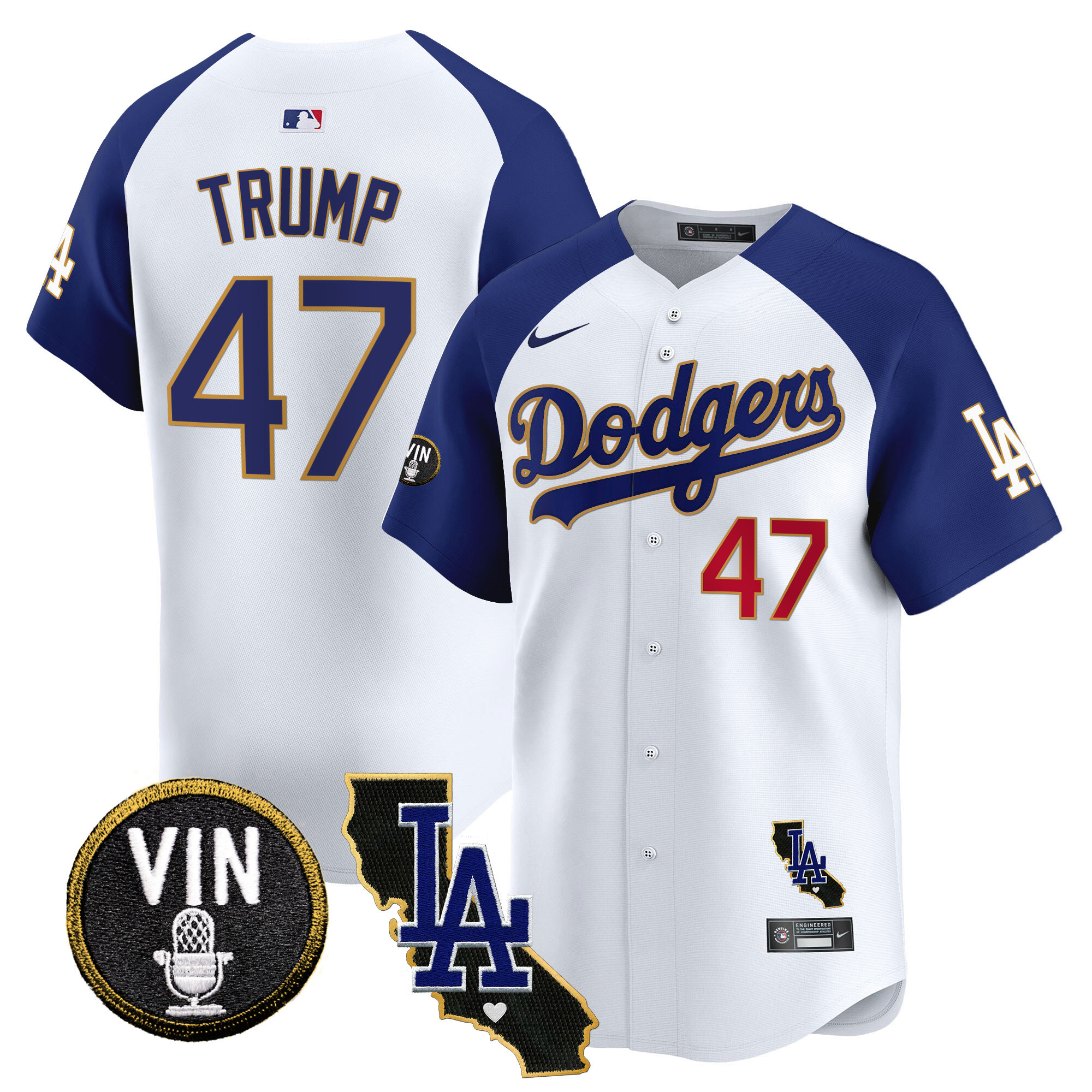 Men's Donald Trump Los Angeles Dodgers Vin & California Patch Gold Trim Vapor Premier Limited White Alternate Jersey - All Stitched