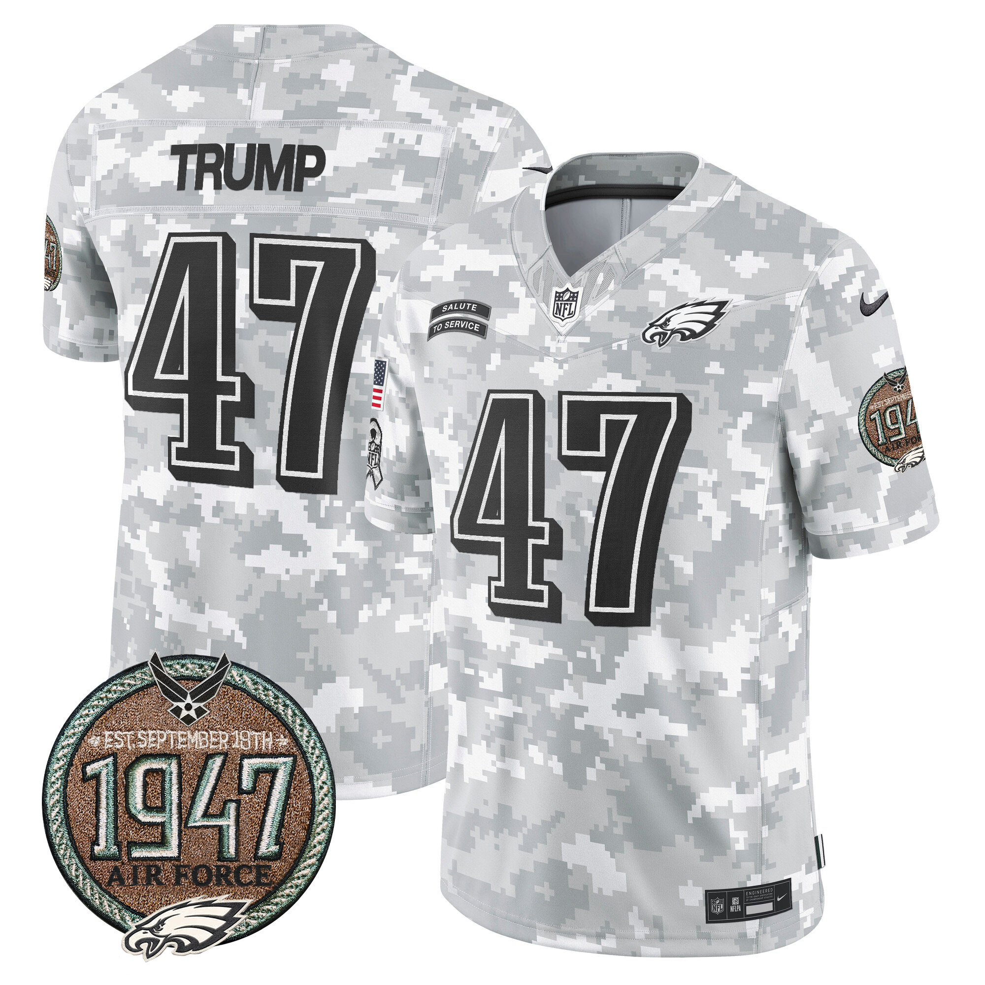 Men's Donald Trump Philadelphia Eagles 2024 Salute to Service Establishment Year Patch Vapor Limited Air Force Jersey - All Stitched