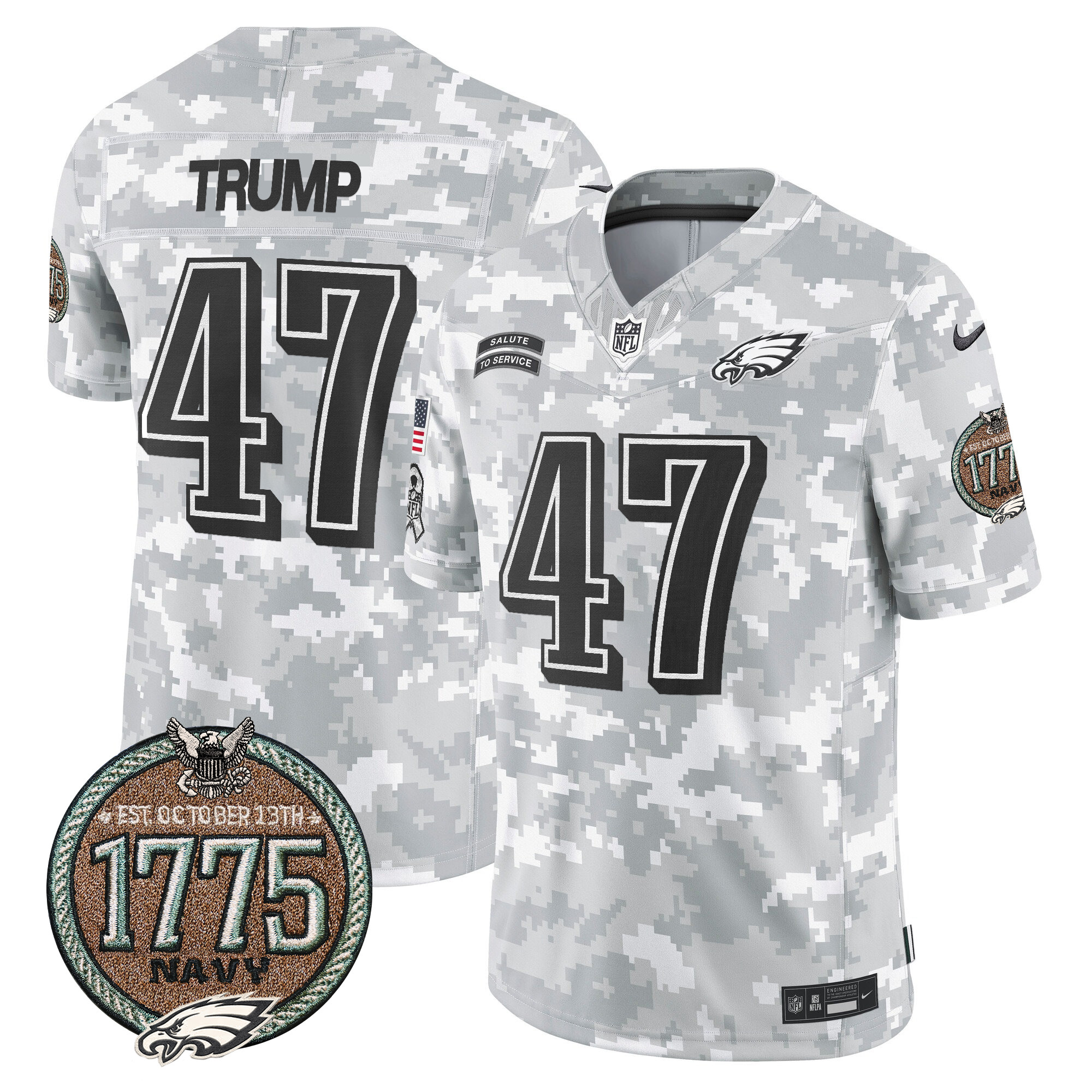 Men's Donald Trump Philadelphia Eagles 2024 Salute to Service Establishment Year Patch Vapor Limited Navy Jersey - All Stitched