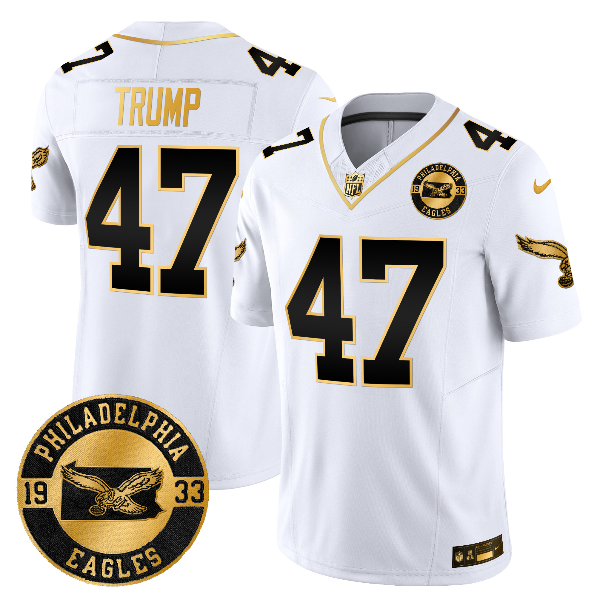 Men's Donald Trump Philadelphia Eagles 2024 Throwback Gold Vapor Limited White Gold Jersey - All Stitched