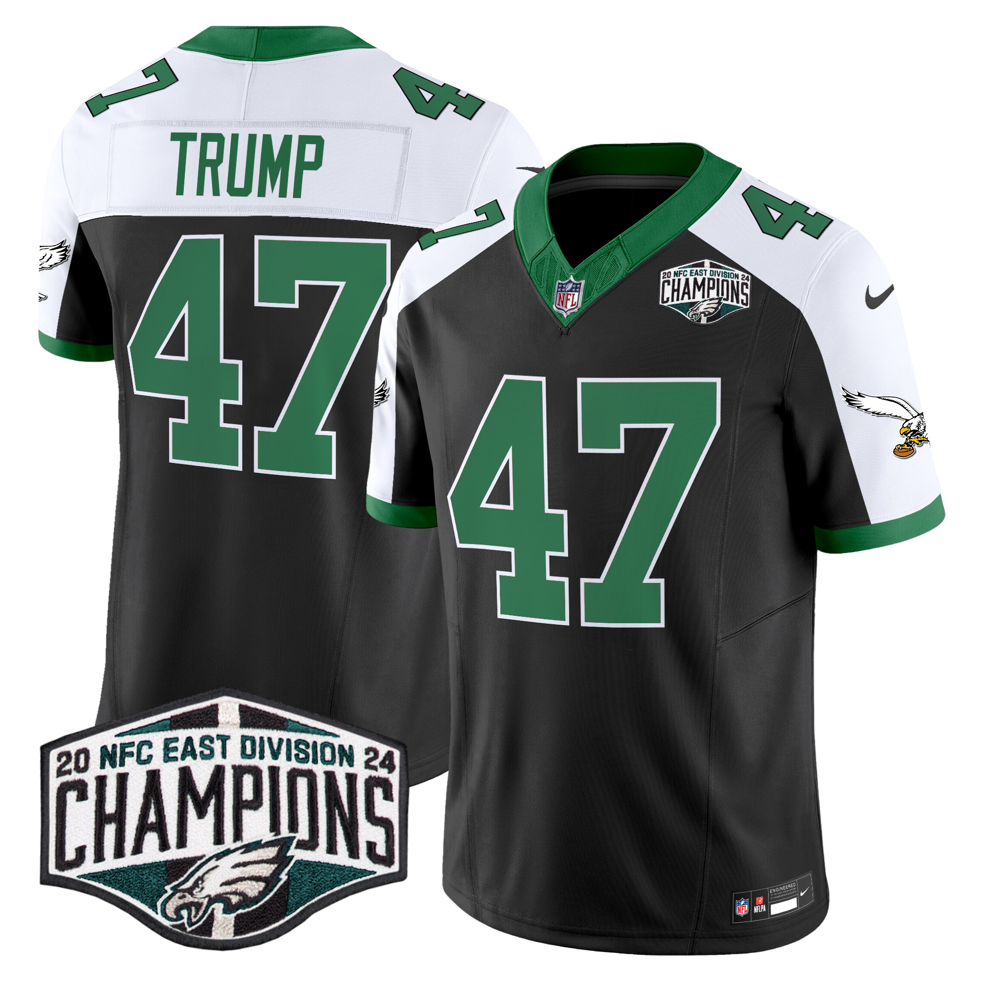 Men's Donald Trump Philadelphia Eagles Kelly Green 2024 NFC East Division Champions Vapor Limited Black Alternate Jersey - All Stitched