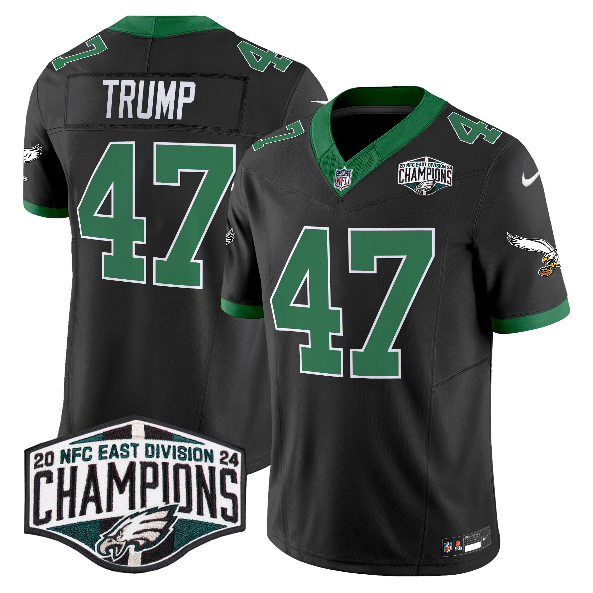 Men's Donald Trump Philadelphia Eagles Kelly Green 2024 NFC East Division Champions Vapor Limited Black Jersey - All Stitched