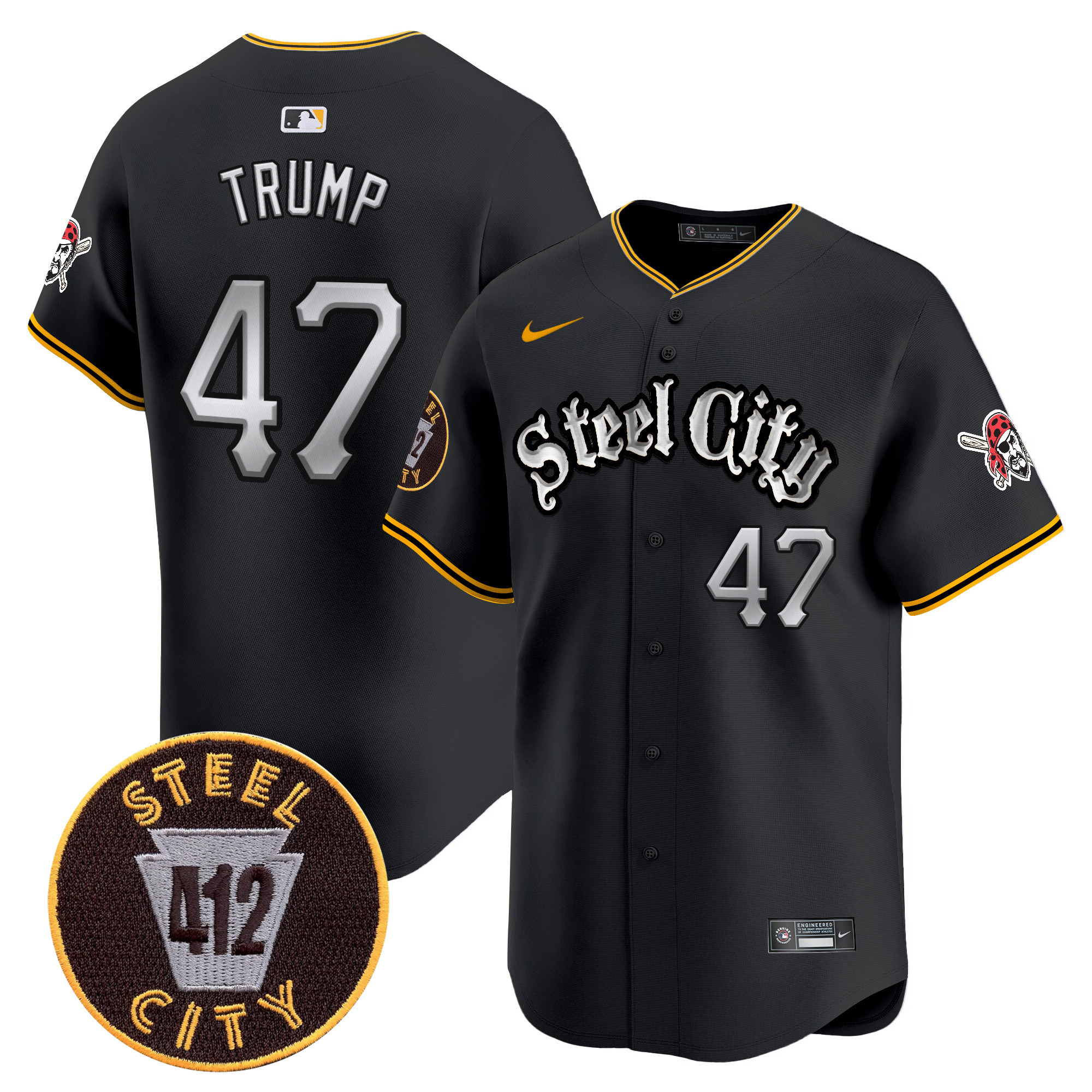 Men's Donald Trump Pittsburgh Pirates 412 Patch Vapor Premier Limited Black Jersey V2 - All Stitched