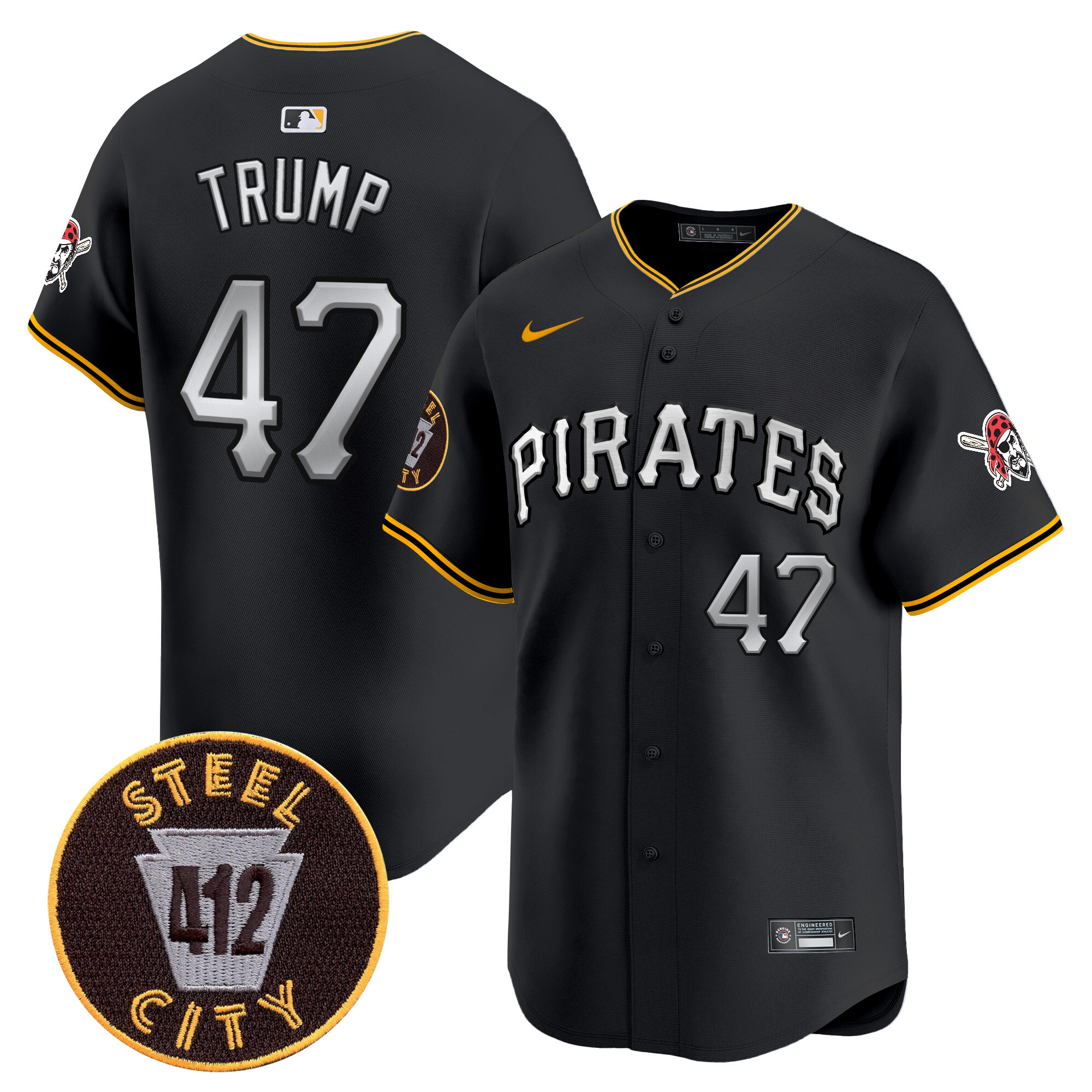 Men's Donald Trump Pittsburgh Pirates 412 Patch Vapor Premier Limited Black Jersey V6 - All Stitched