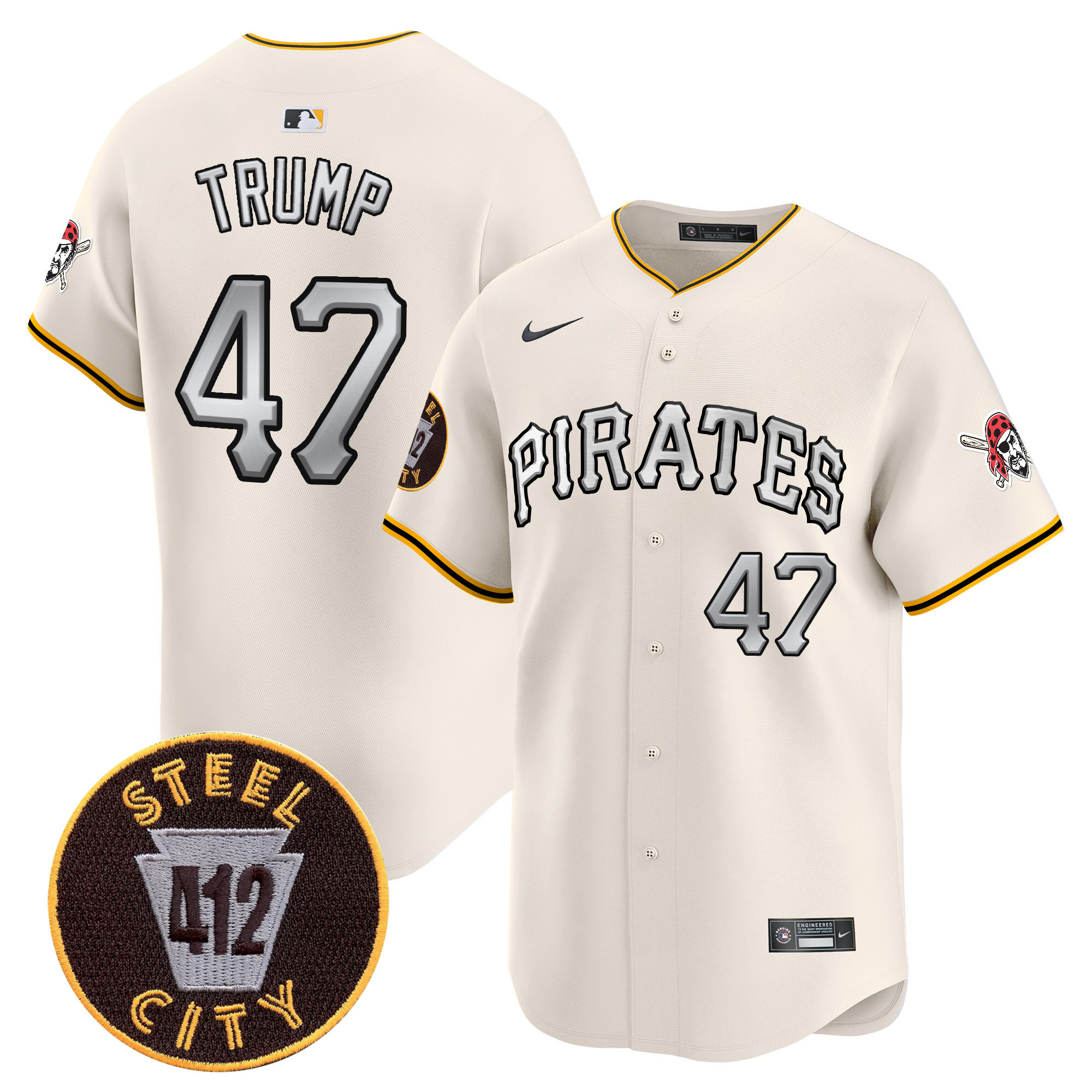 Men's Donald Trump Pittsburgh Pirates 412 Patch Vapor Premier Limited Cream Jersey V6 - All Stitched