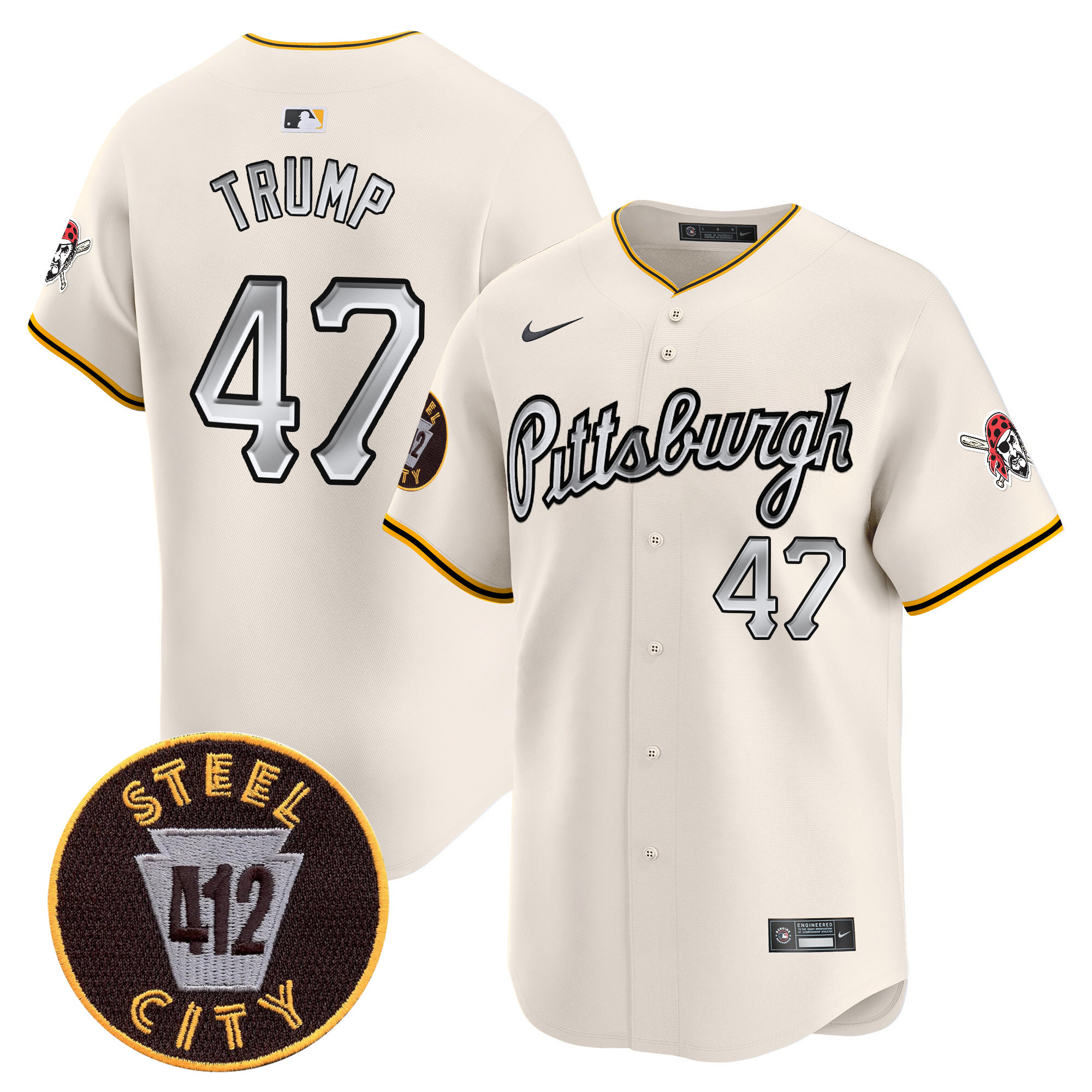 Men's Donald Trump Pittsburgh Pirates 412 Patch Vapor Premier Limited Cream Jersey V7 - All Stitched