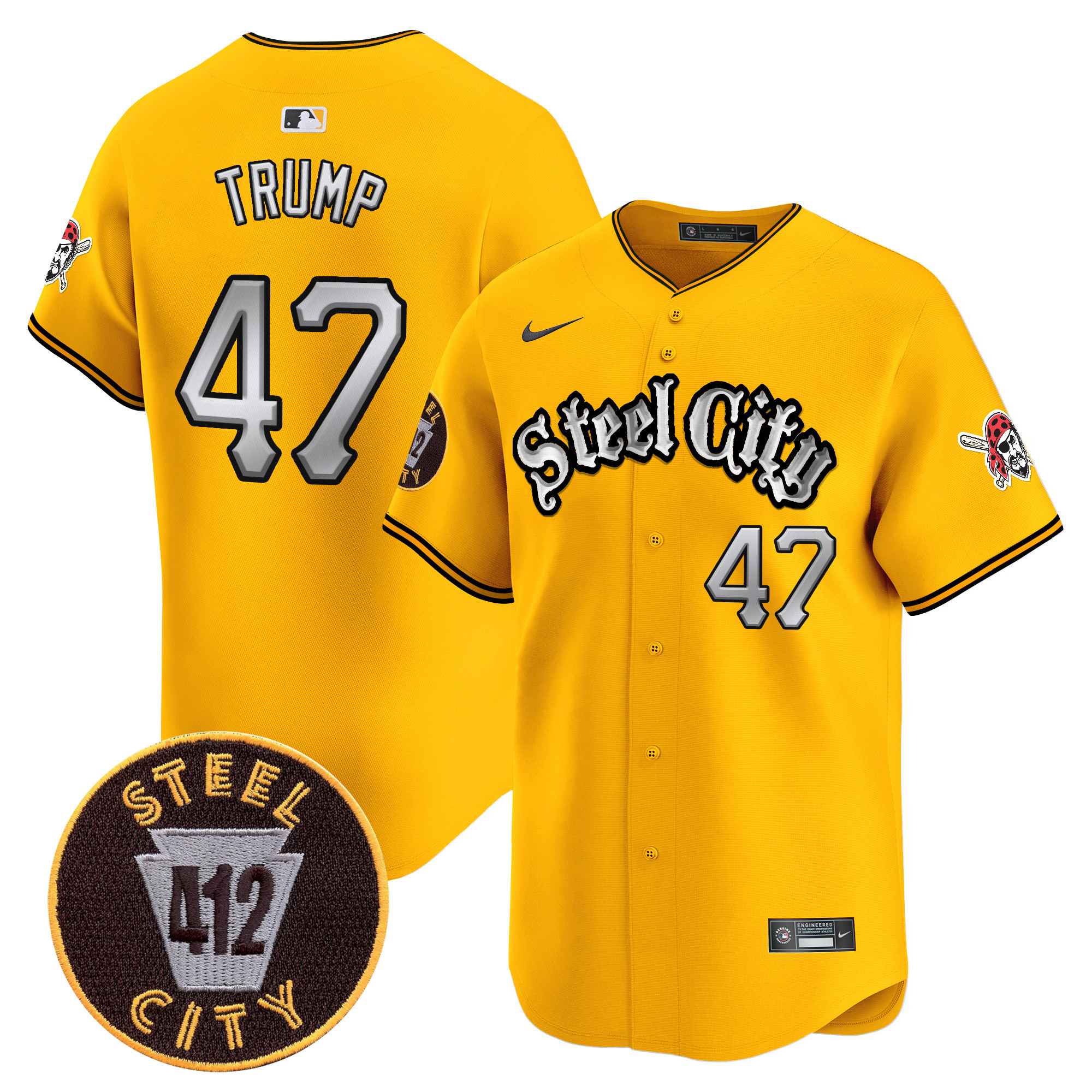 Men's Donald Trump Pittsburgh Pirates 412 Patch Vapor Premier Limited Gold Jersey V2 - All Stitched