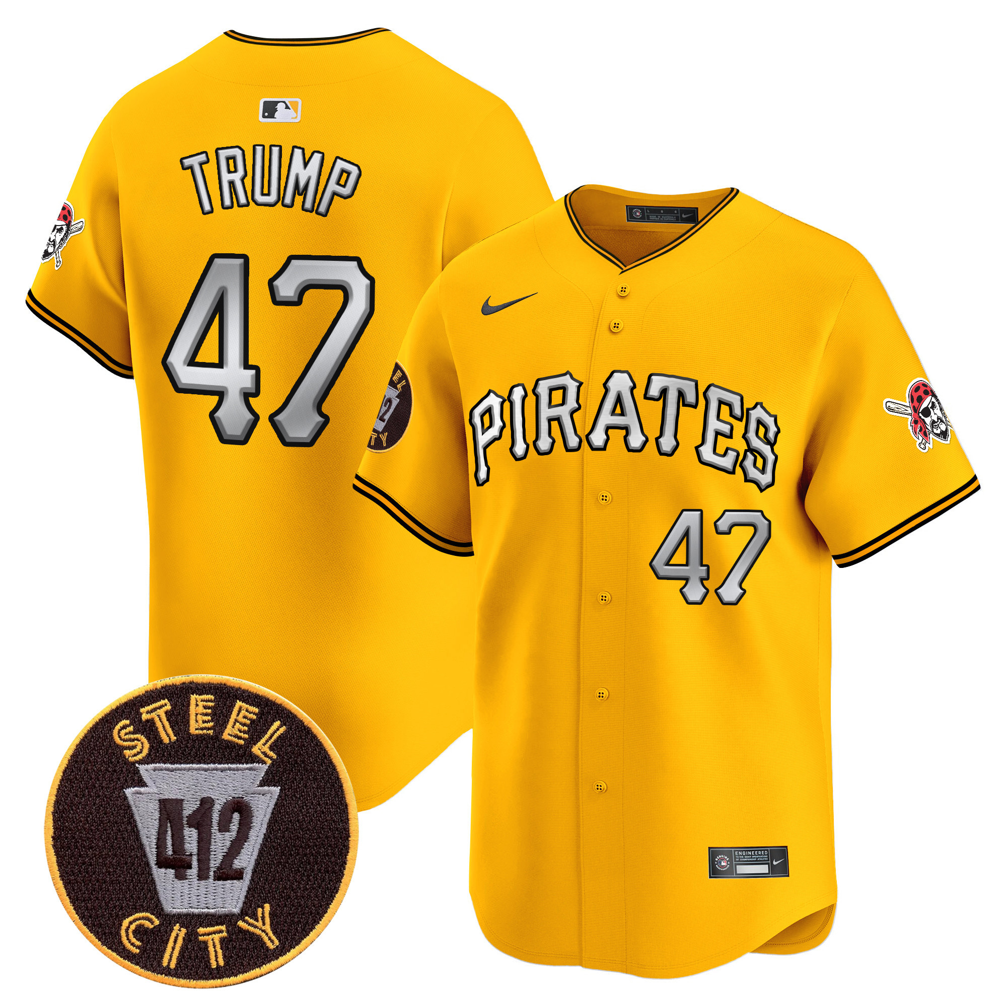 Men's Donald Trump Pittsburgh Pirates 412 Patch Vapor Premier Limited Gold Jersey V6 - All Stitched