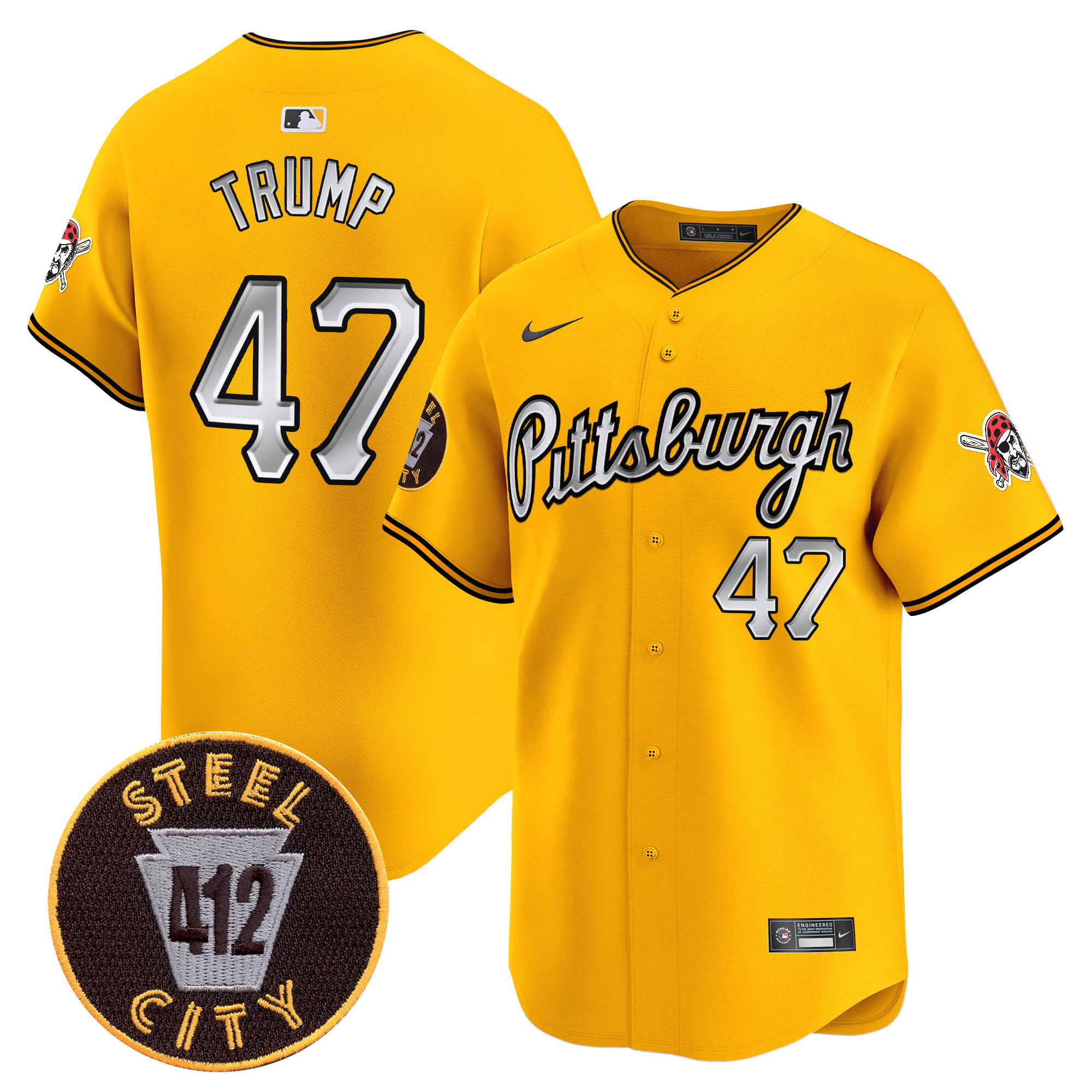 Men's Donald Trump Pittsburgh Pirates 412 Patch Vapor Premier Limited Gold Jersey V7 - All Stitched