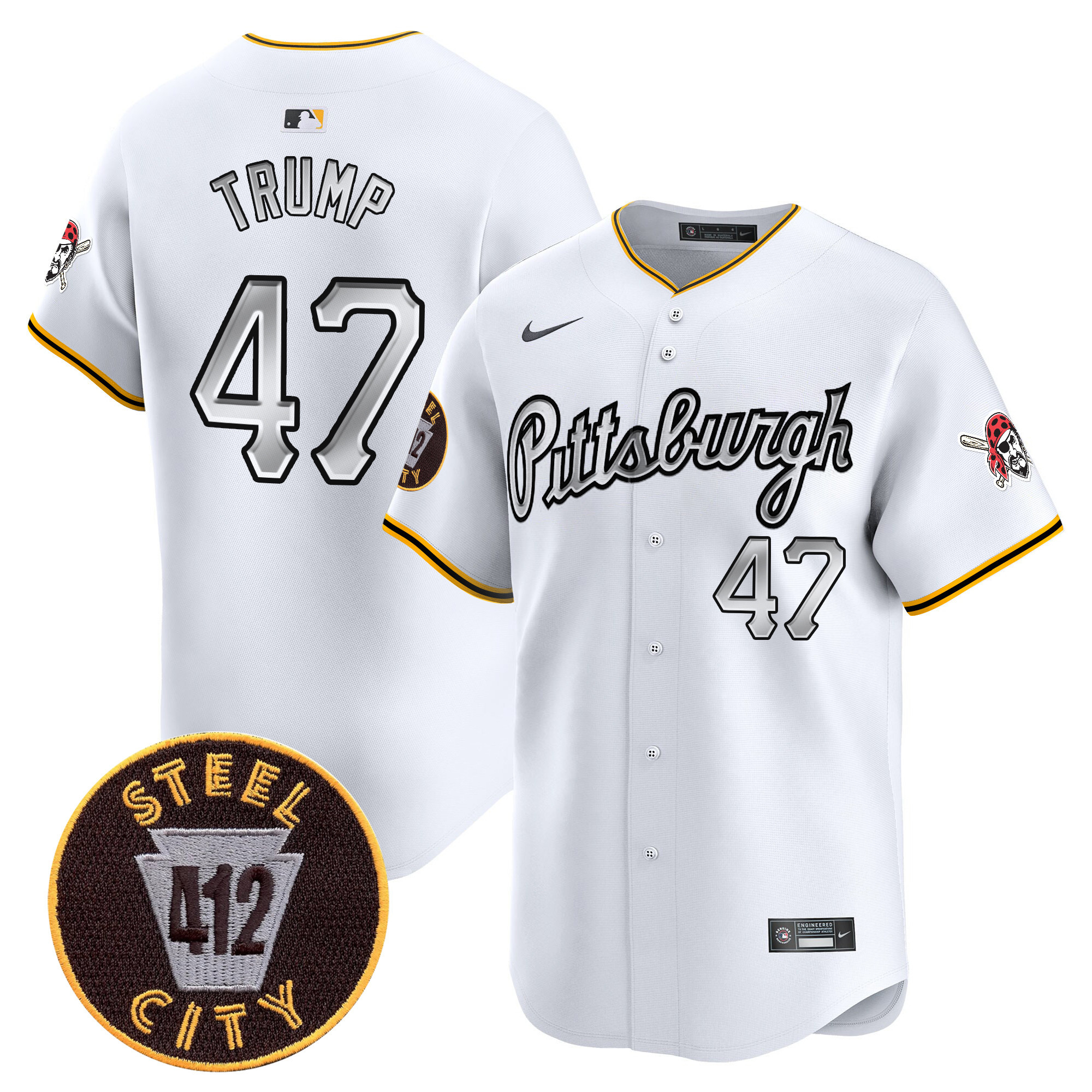 Men's Donald Trump Pittsburgh Pirates 412 Patch Vapor Premier Limited White Jersey V7 - All Stitched