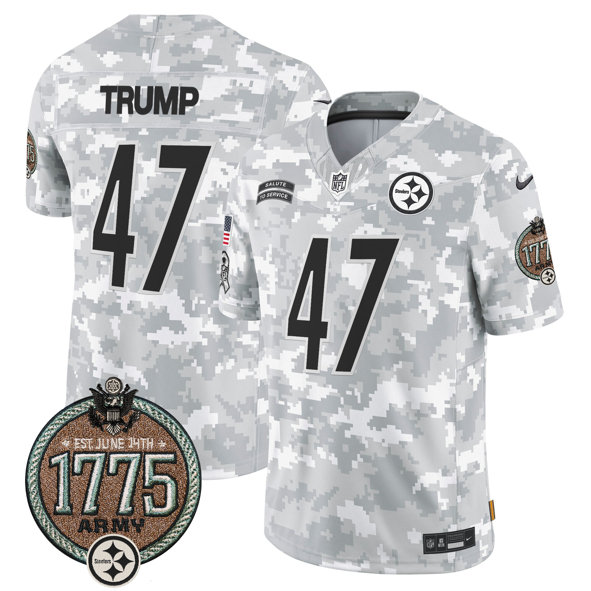 Men's Donald Trump Pittsburgh Steelers 2024 Salute to Service Establishment Year Patch Vapor Limited Army Jersey - All Stitched