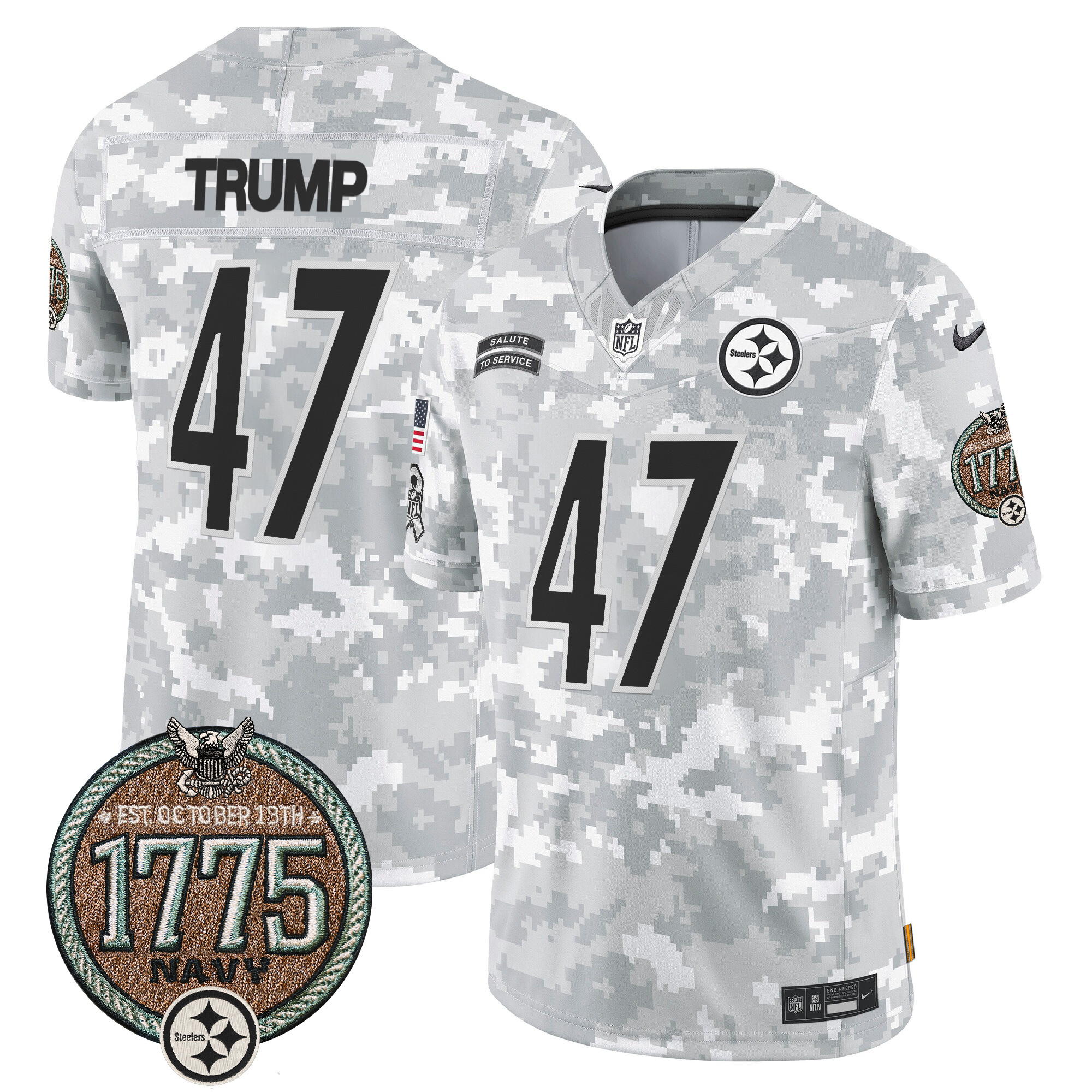 Men's Donald Trump Pittsburgh Steelers 2024 Salute to Service Establishment Year Patch Vapor Limited Navy Jersey - All Stitched