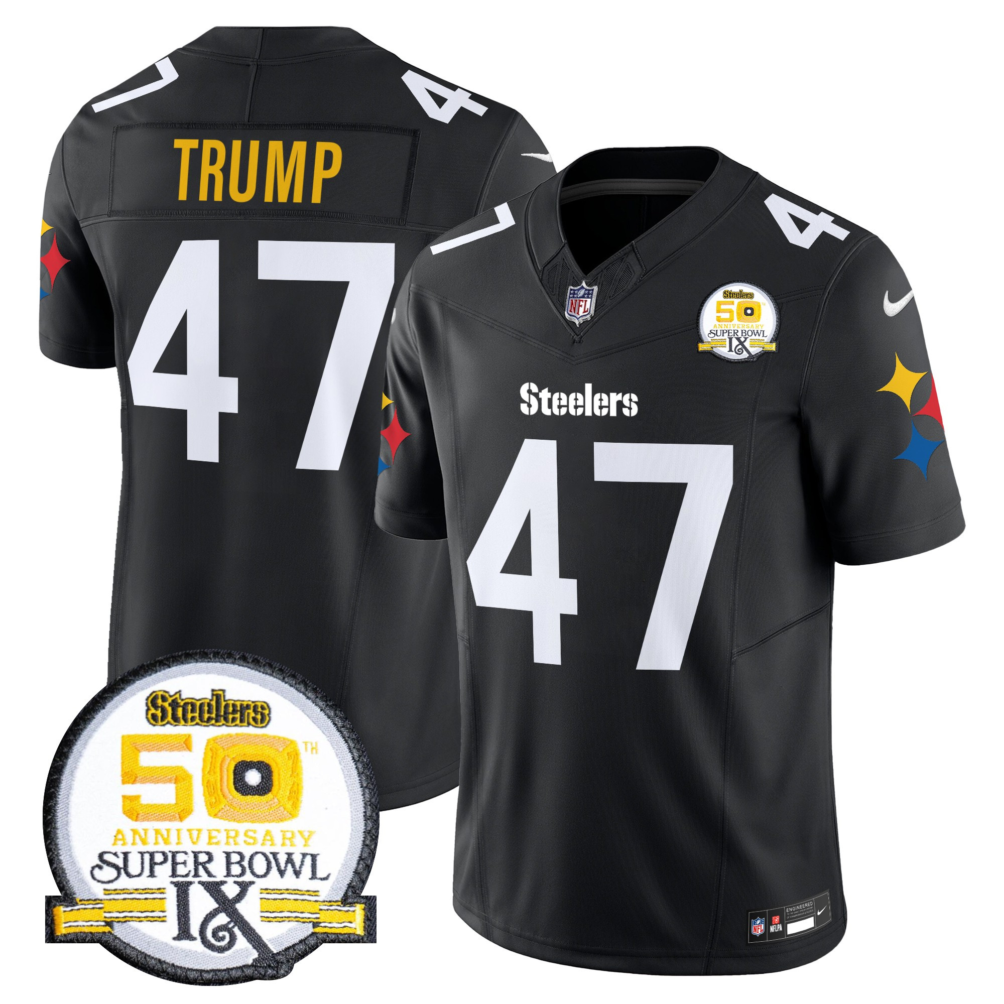 Men's Donald Trump Pittsburgh Steelers 50th Anniversary Of Super Bowl IX Patch Vapor Limited 1975 Throwback Jersey - All Stitched