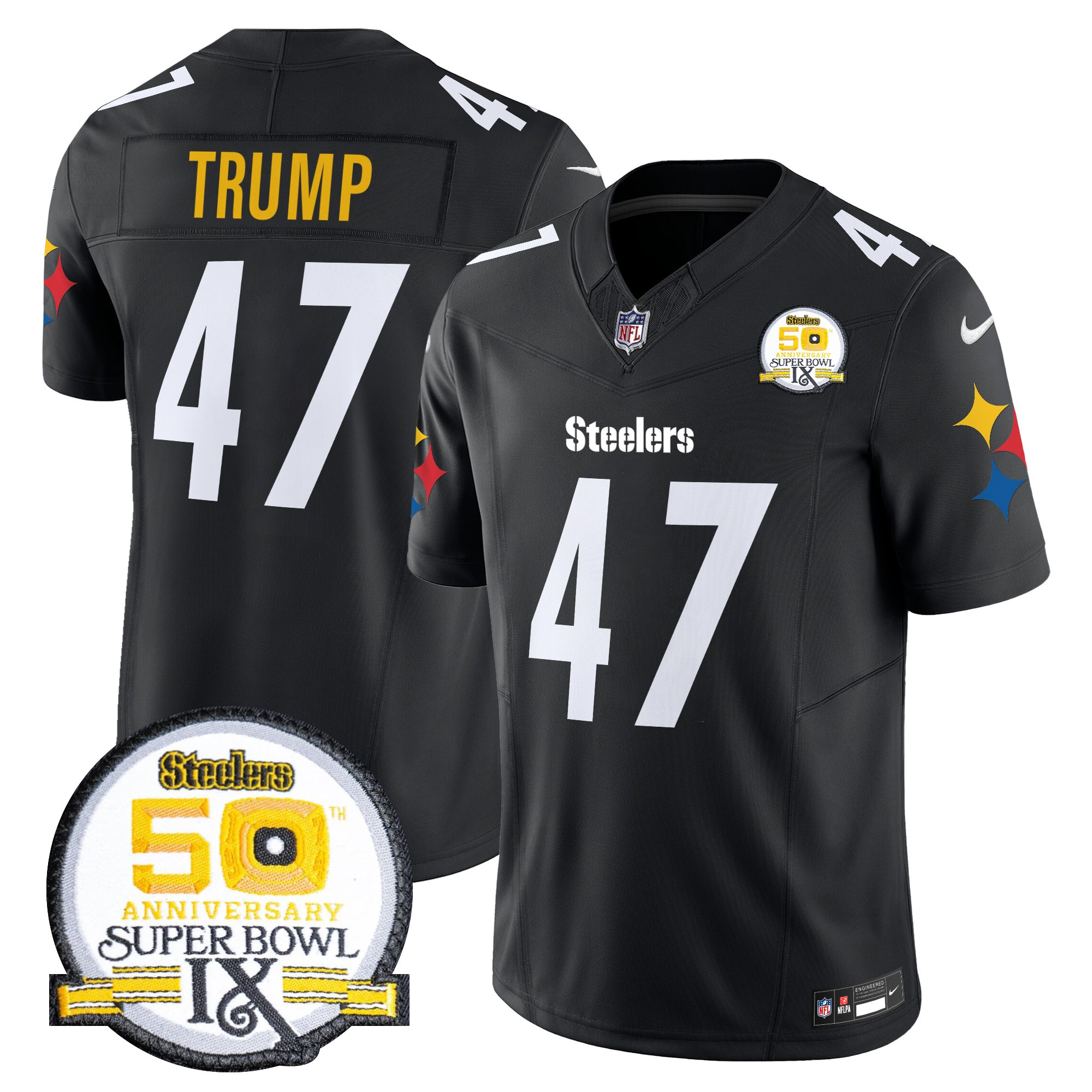 Men's Donald Trump Pittsburgh Steelers 50th Anniversary Of Super Bowl IX Patch Vapor Limited Black Jersey - All Stitched