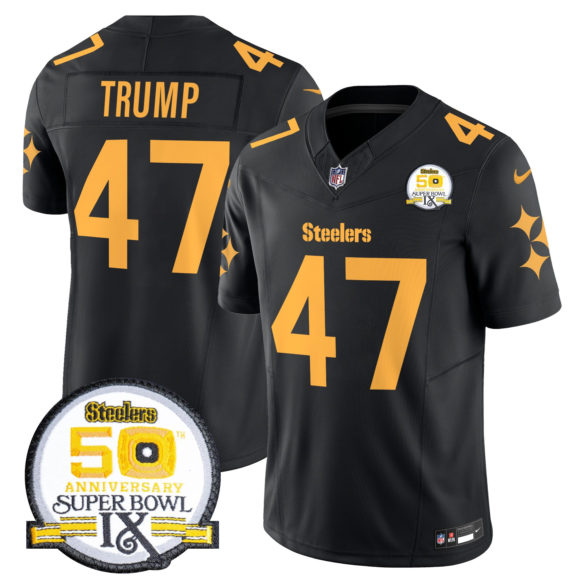 Men's Donald Trump Pittsburgh Steelers 50th Anniversary Of Super Bowl IX Patch Vapor Limited Color Rush Jersey - All Stitched