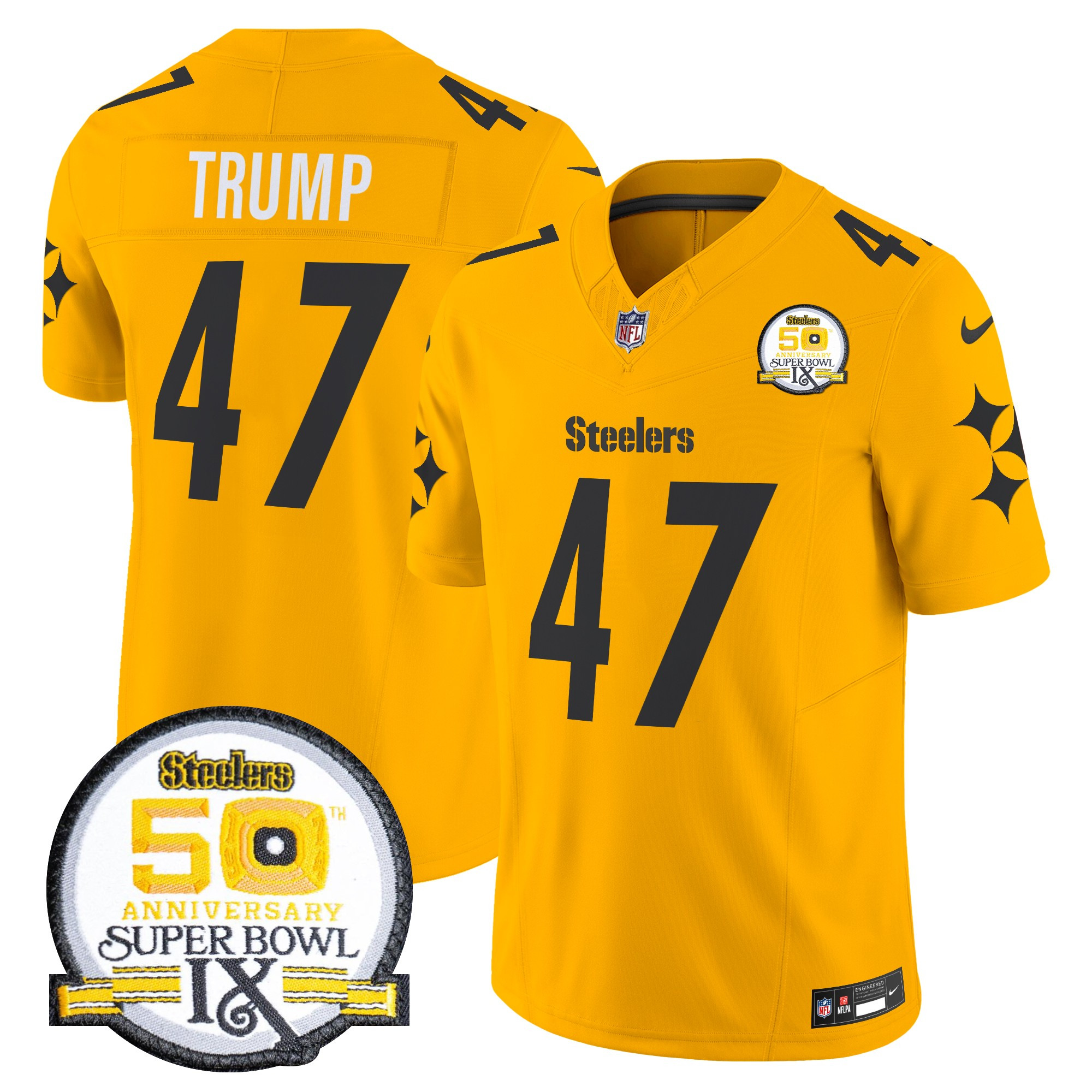 Men's Donald Trump Pittsburgh Steelers 50th Anniversary Of Super Bowl IX Patch Vapor Limited Gold Jersey - All Stitched