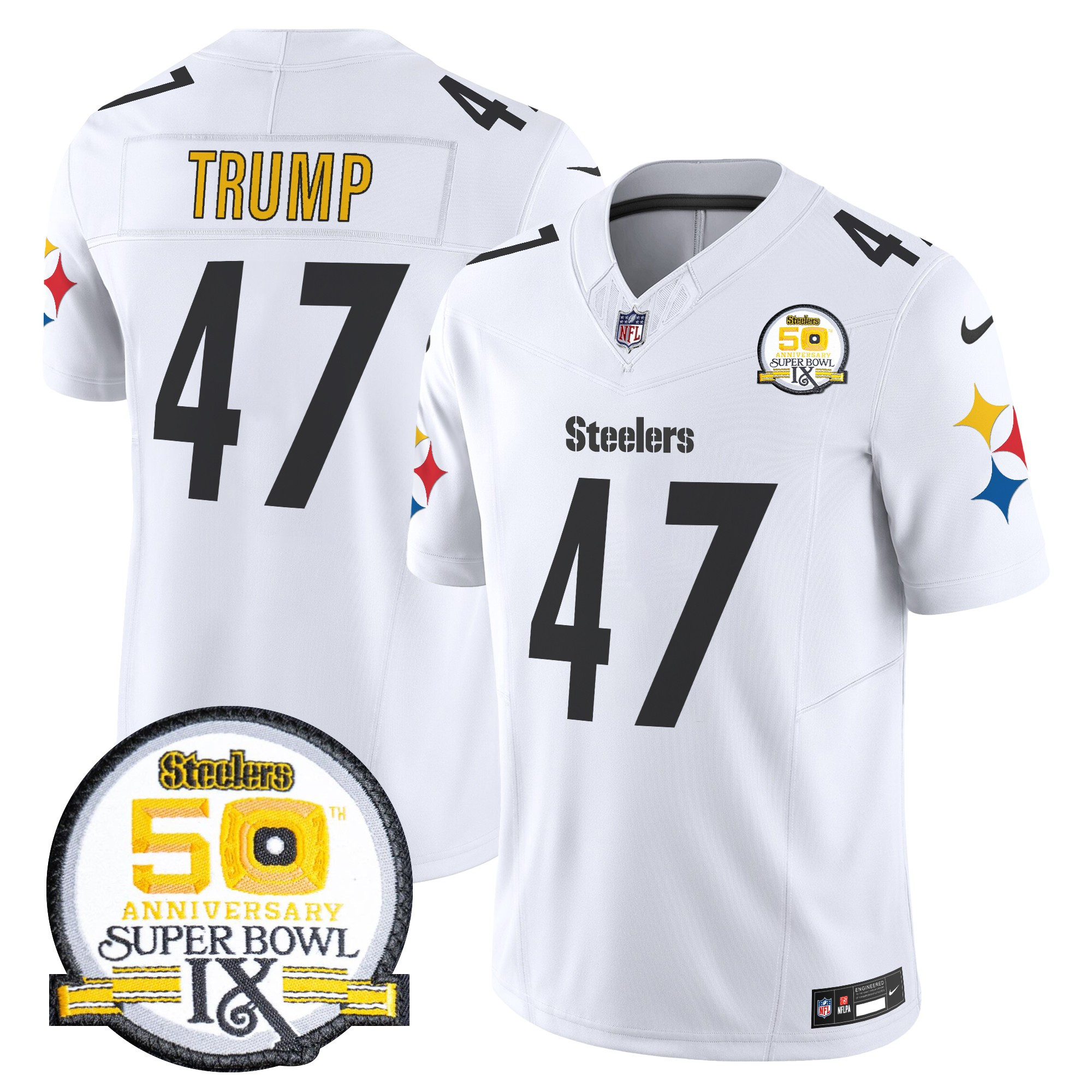 Men's Donald Trump Pittsburgh Steelers 50th Anniversary Of Super Bowl IX Patch Vapor Limited White Jersey - All Stitched