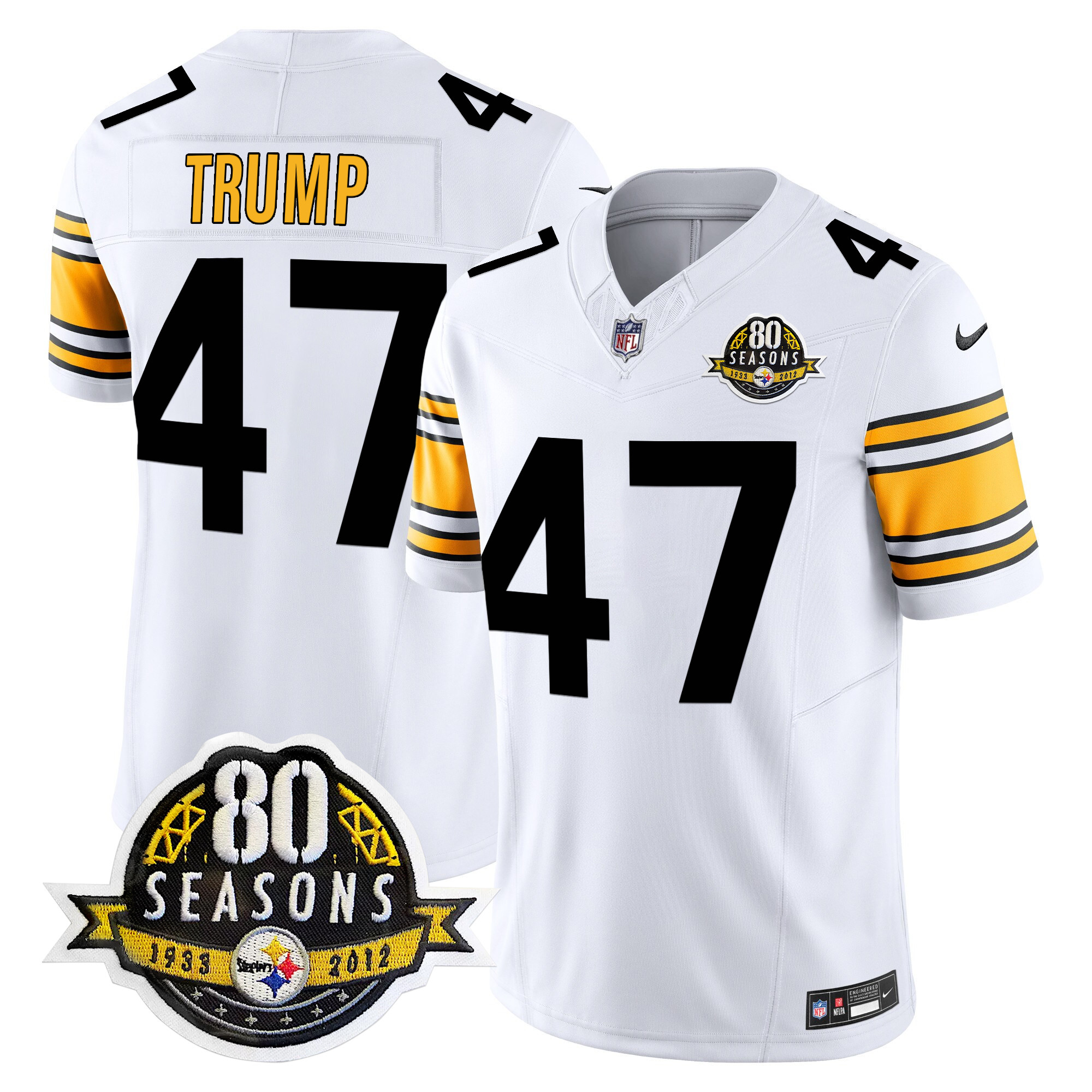 Men's Donald Trump Pittsburgh Steelers 80th Anniversary Patch Vapor Limited 1975 White Jersey - All Stitched