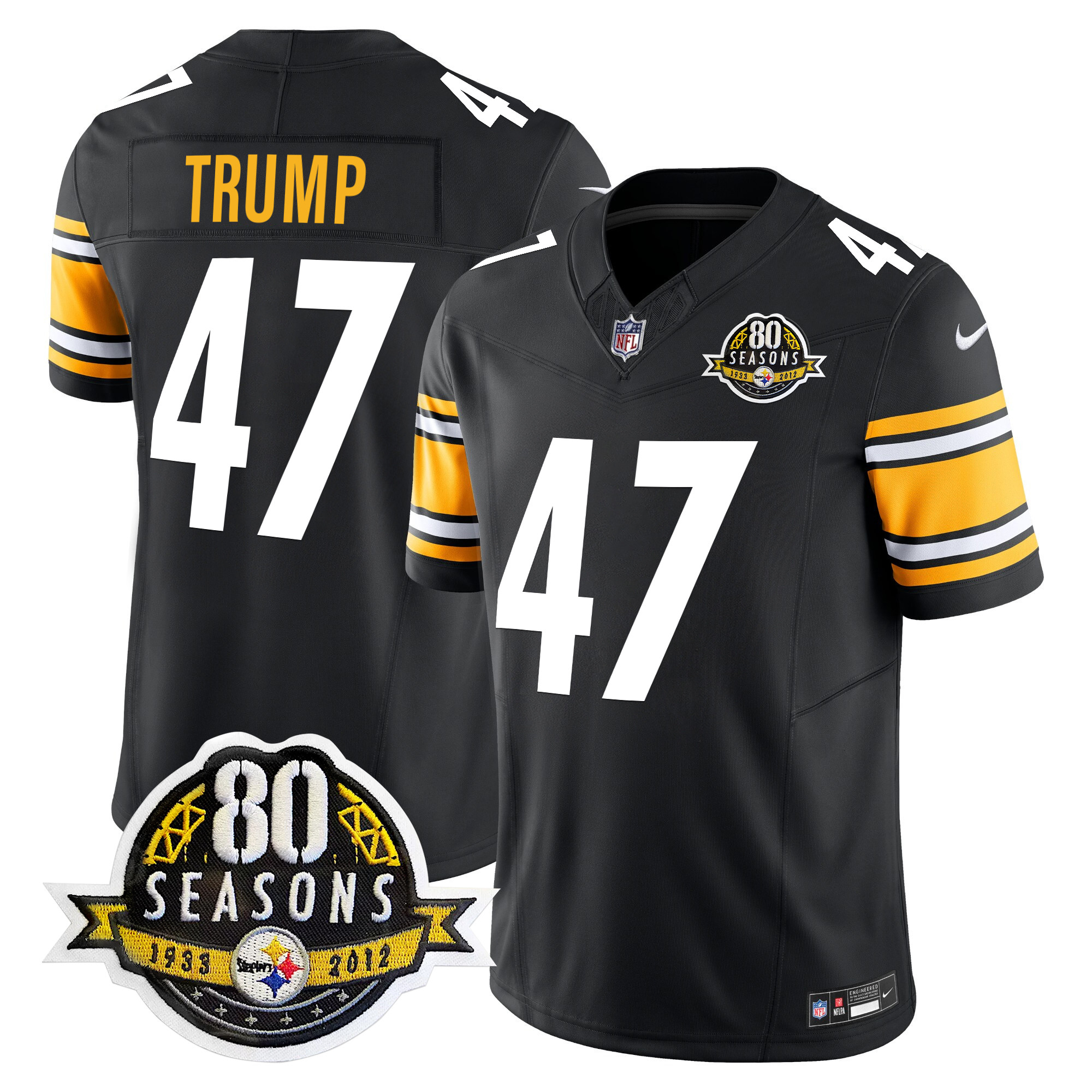 Men's Donald Trump Pittsburgh Steelers 80th Anniversary Patch Vapor Limited Black Jersey - All Stitched