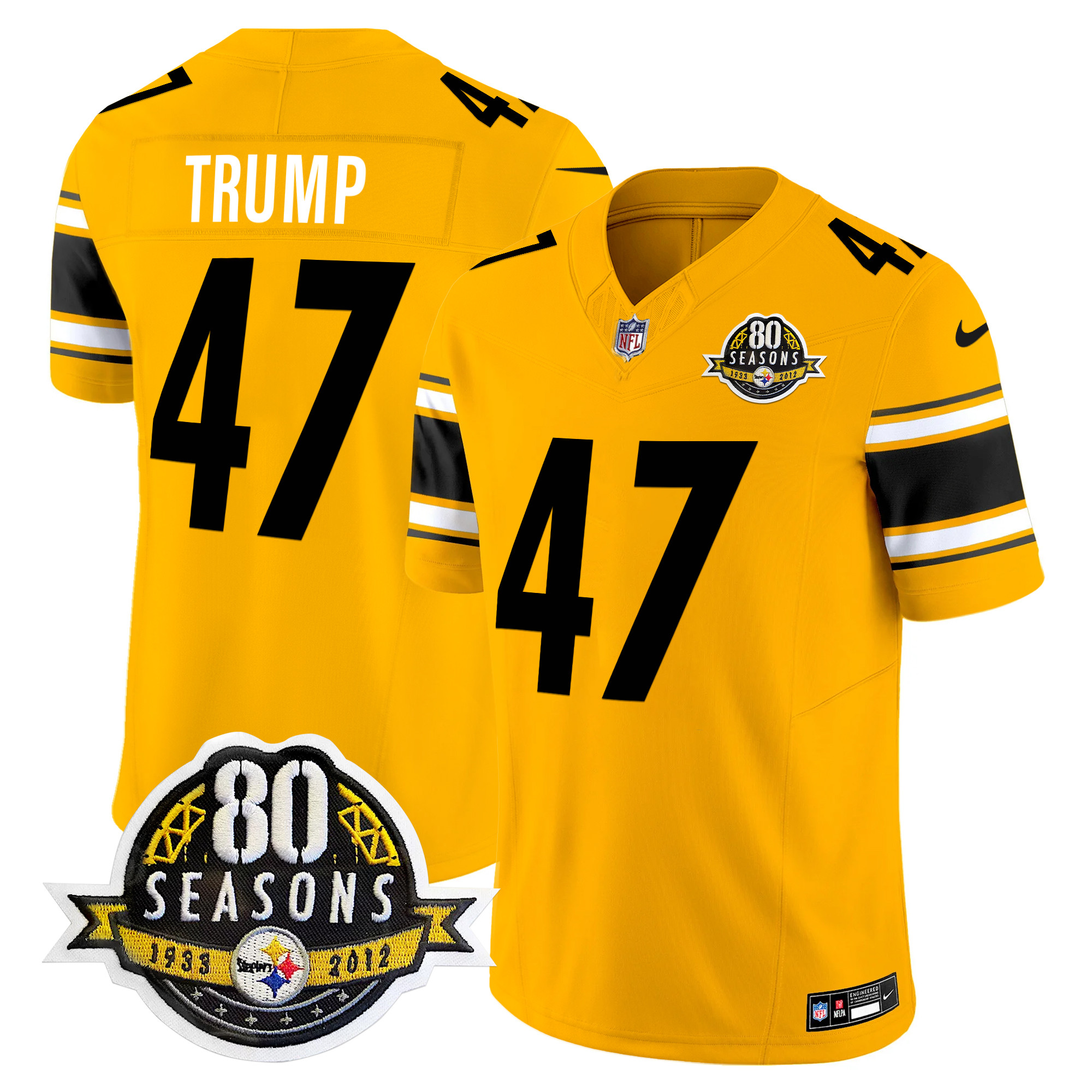 Men's Donald Trump Pittsburgh Steelers 80th Anniversary Patch Vapor Limited Gold Jersey - All Stitched