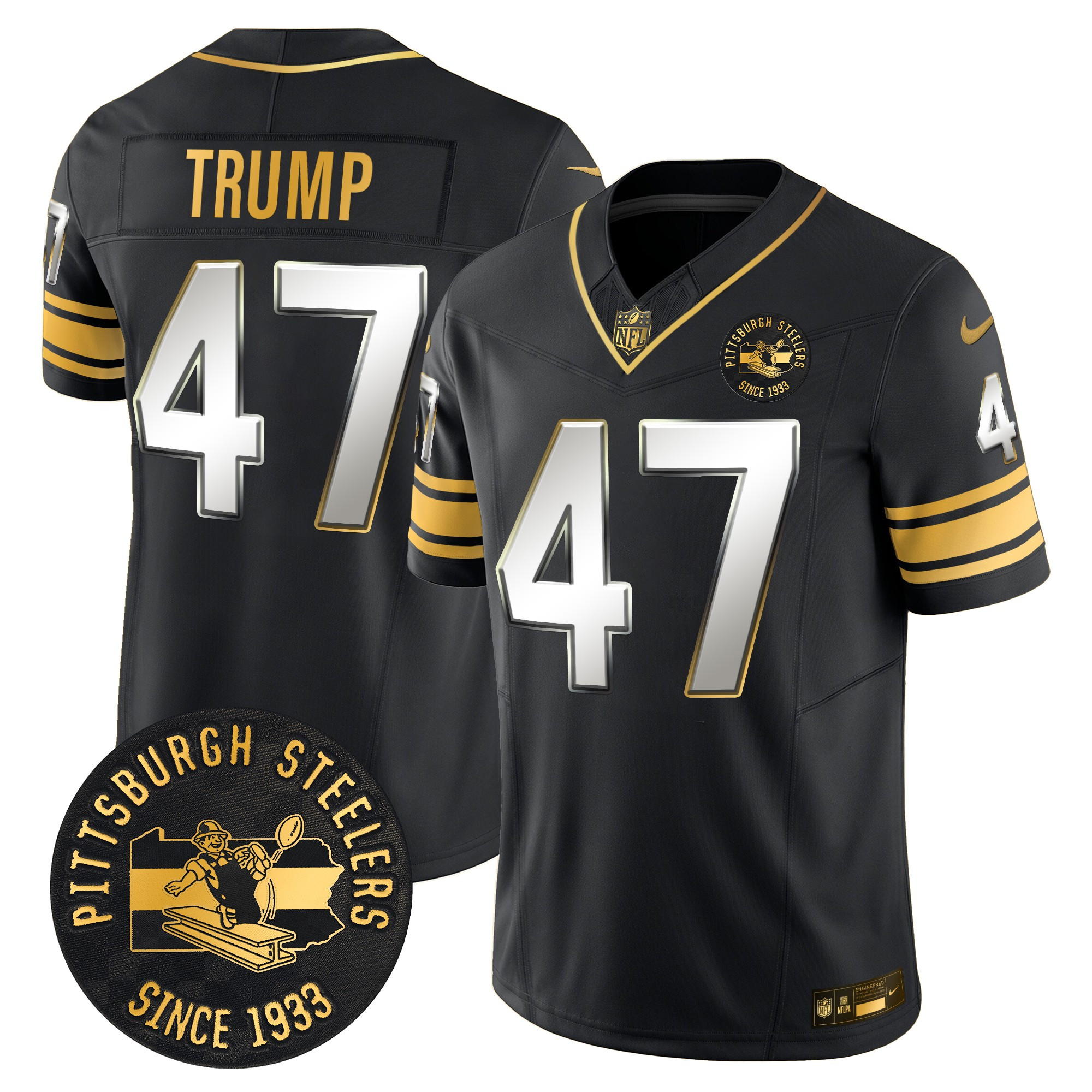 Men's Donald Trump Pittsburgh Steelers Throwback 1933 Patch Gold Vapor Limited Black Limited Jersey - All Stitched