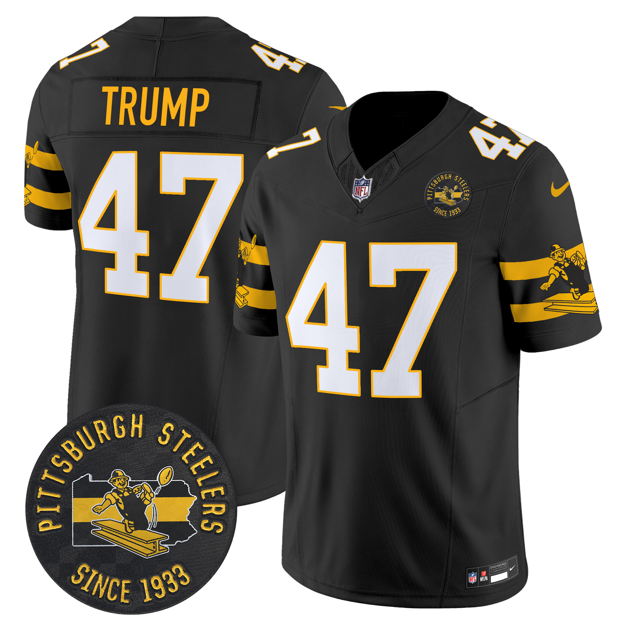 Men's Donald Trump Pittsburgh Steelers Throwback 1933 Patch Vapor Limited Black Jersey - All Stitched