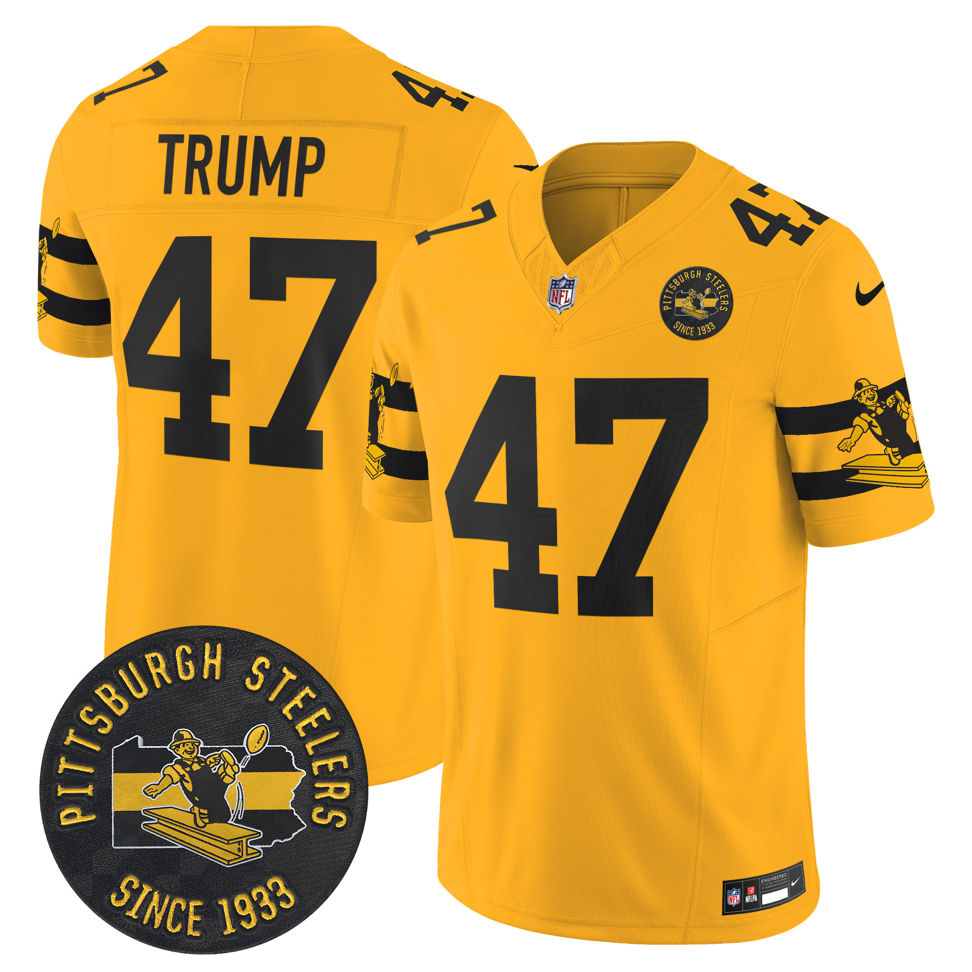 Men's Donald Trump Pittsburgh Steelers Throwback 1933 Patch Vapor Limited Gold Jersey - All Stitched