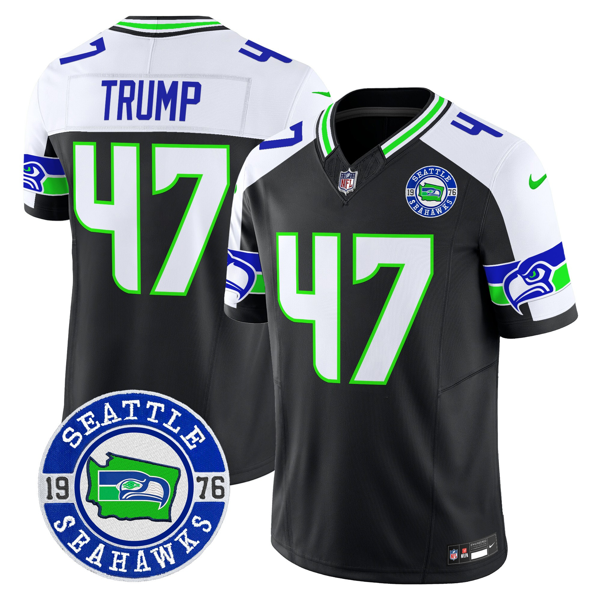 Men's Donald Trump Seattle Seahawks 2024 Seattle Est. 1976 Patch Vapor Limited Black Alternate Jersey - All Stitched