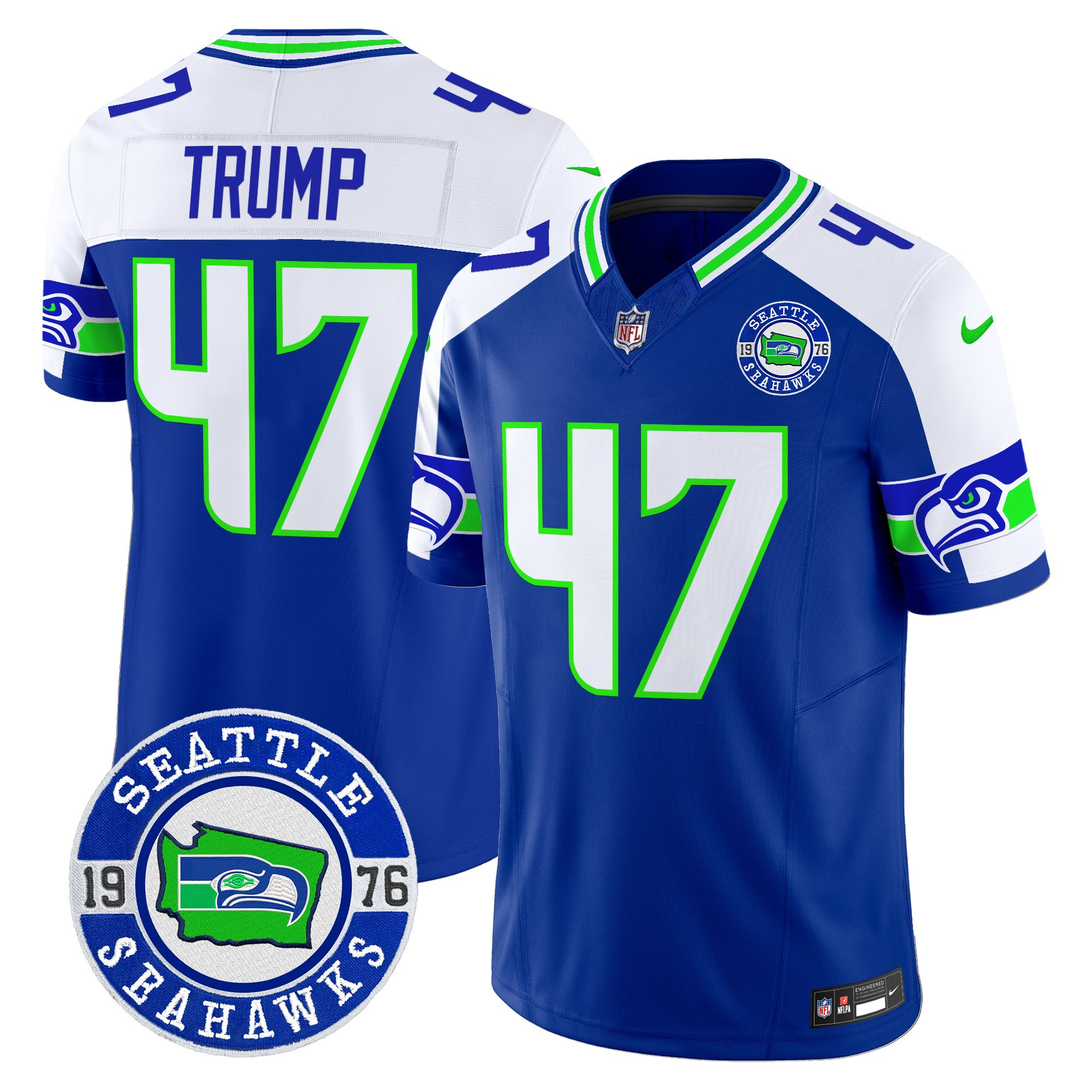 Men's Donald Trump Seattle Seahawks 2024 Seattle Est. 1976 Patch Vapor Limited Royal Alternate Jersey - All Stitched