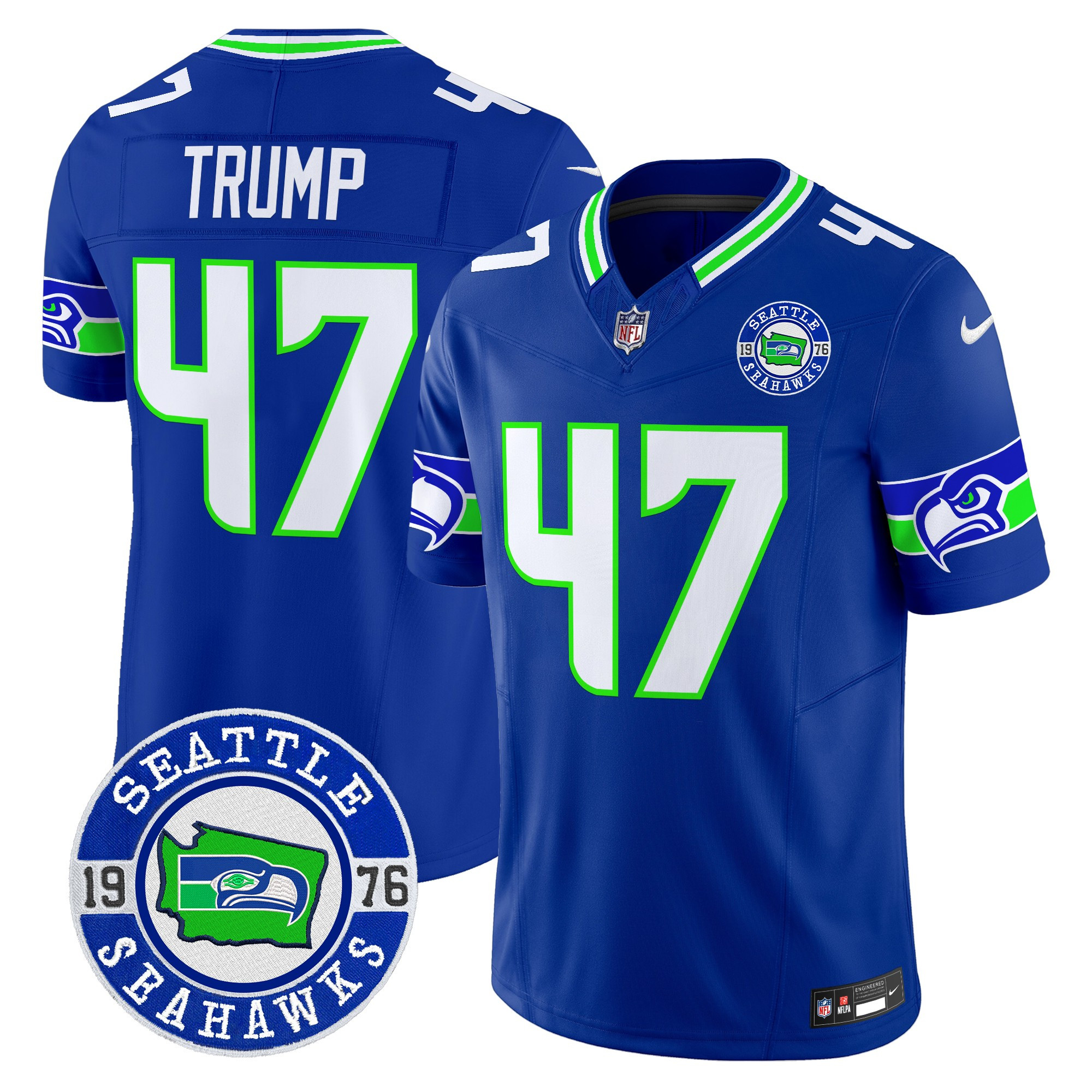 Men's Donald Trump Seattle Seahawks 2024 Seattle Est. 1976 Patch Vapor Limited Royal Jersey - All Stitched