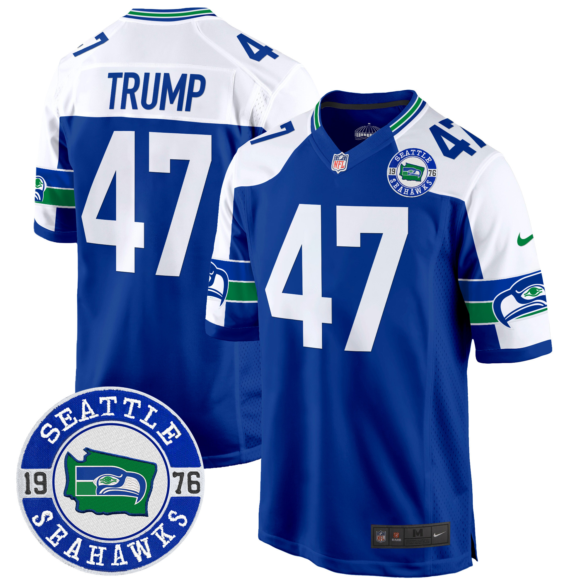 Men's Donald Trump Seattle Seahawks Throwback Est. 1976 Patch Game Royal Alternate Jersey - All Stitched