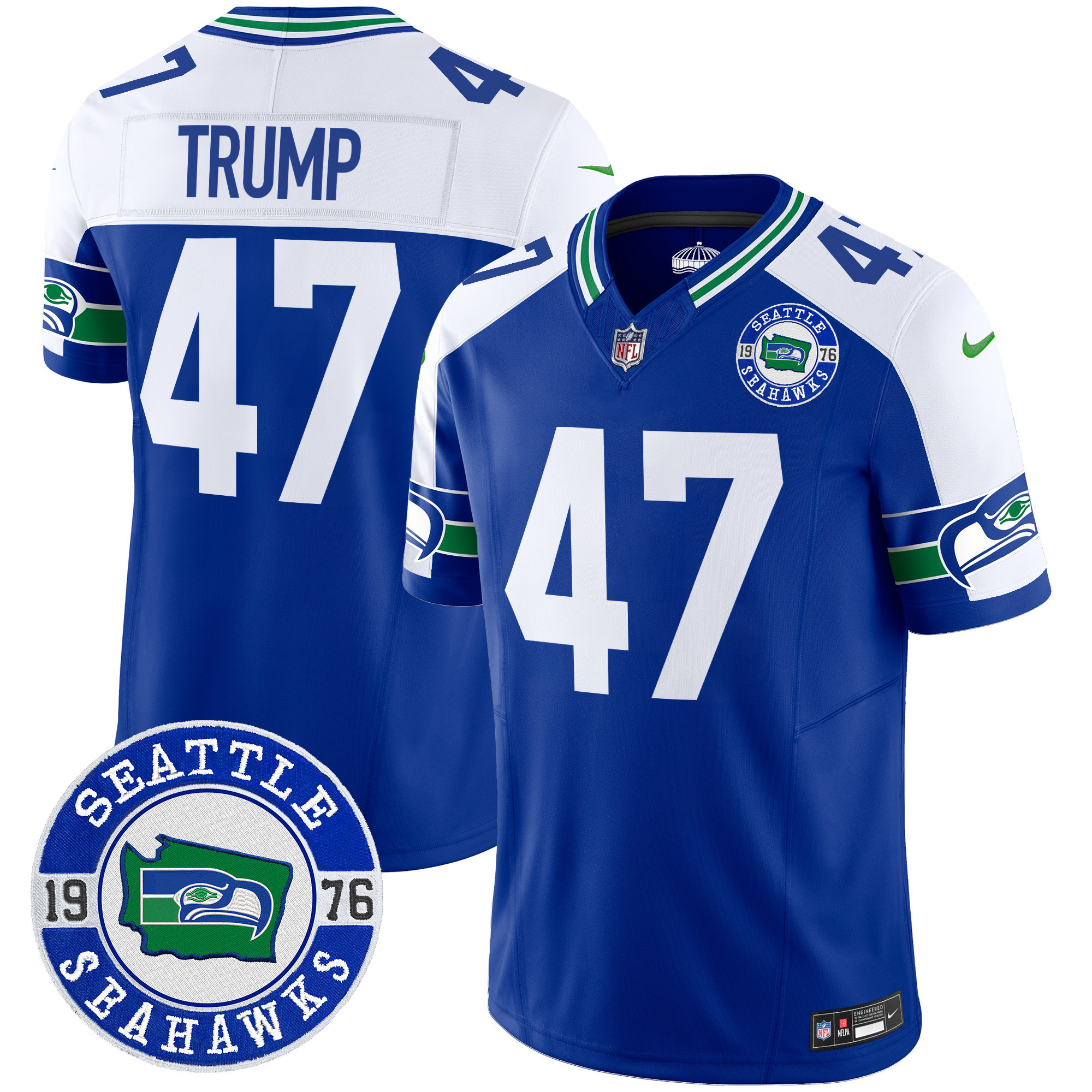 Men's Donald Trump Seattle Seahawks Throwback Est. 1976 Patch Vapor Limited Royal Alternate Jersey - All Stitched