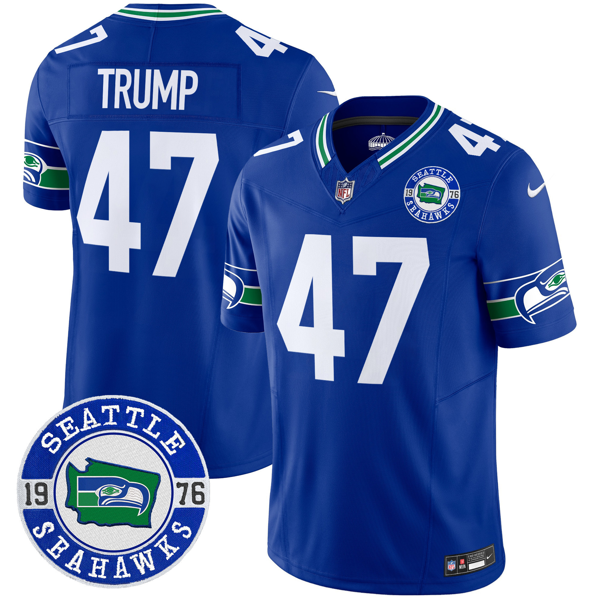 Men's Donald Trump Seattle Seahawks Throwback Est. 1976 Patch Vapor Limited Royal Jersey - All Stitched
