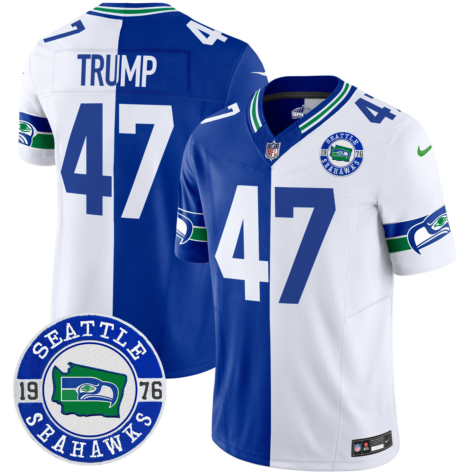 Men's Donald Trump Seattle Seahawks Throwback Est. 1976 Patch Vapor Limited Split Jersey - All Stitched