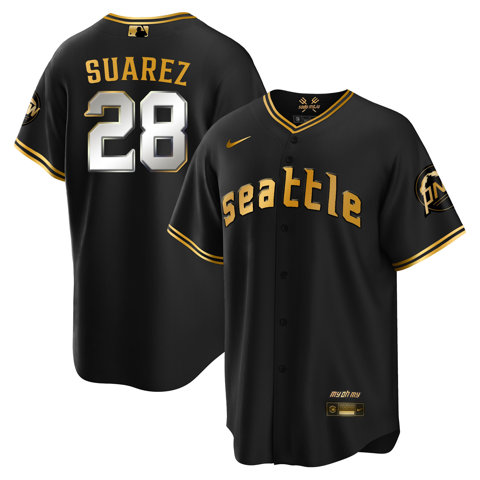 Men's Eugenio Suarez Seattle Mariners City Connect Cool Base Black Gold Jersey - All Stitched