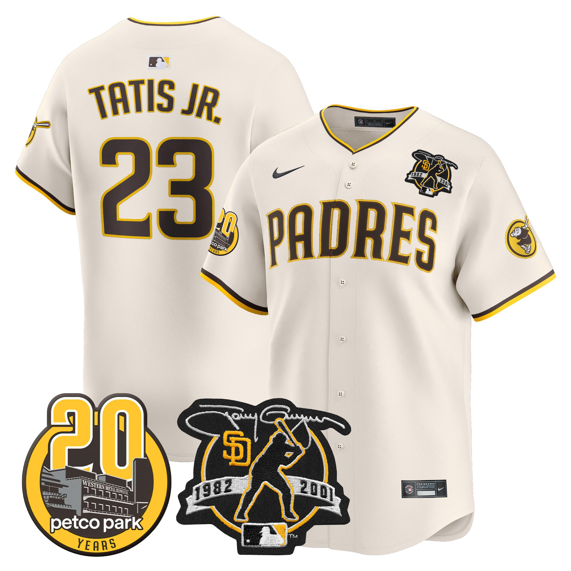 Men's Fernando Tatis Jr. San Diego Padres Tony Gwynn & Petco Park 20th Patch Vapor Premier Limited Cream Jersey V2 ñ All Stitched
