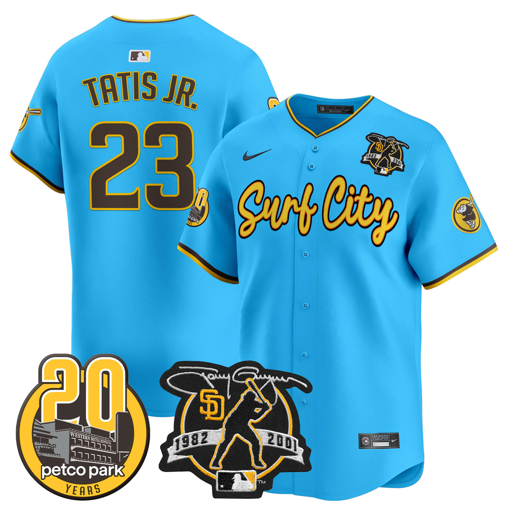 Men's Fernando Tatis Jr. San Diego Padres Tony Gwynn & Petco Park 20th Patch Vapor Premier Limited Light Blue Jersey V3 ñ All Stitched
