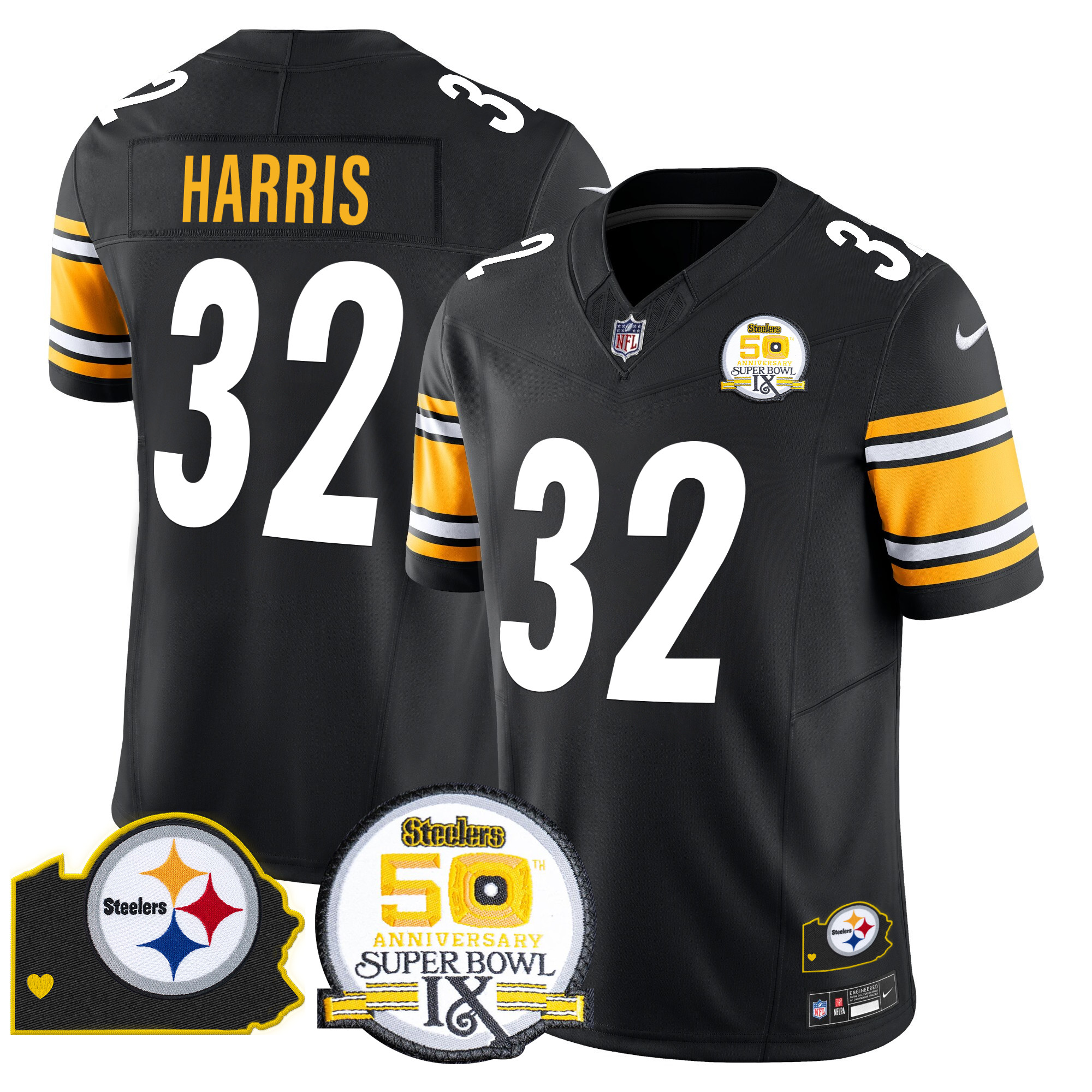 Men's Franco Harris Pittsburgh Steelers 50th Anniversary Of Super Bowl IX & Map Patch Vapor Limited Black Jersey - All Stitched