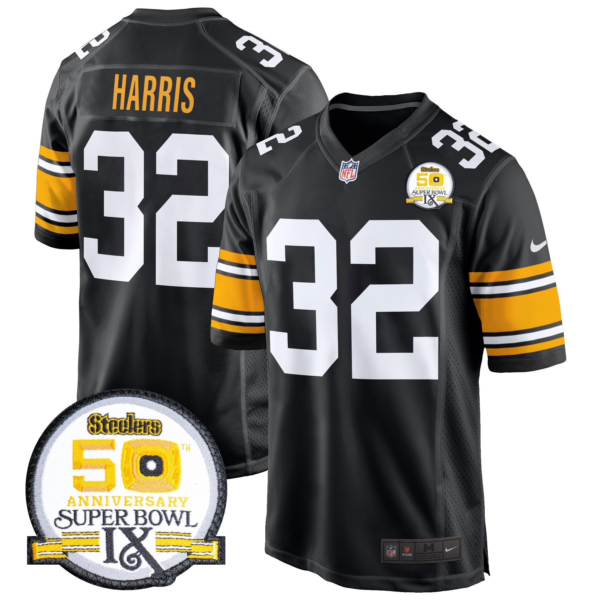 Men's Franco Harris Pittsburgh Steelers 50th Anniversary Of Super Bowl IX Patch Game 1975 Throwback Jersey - All Stitched