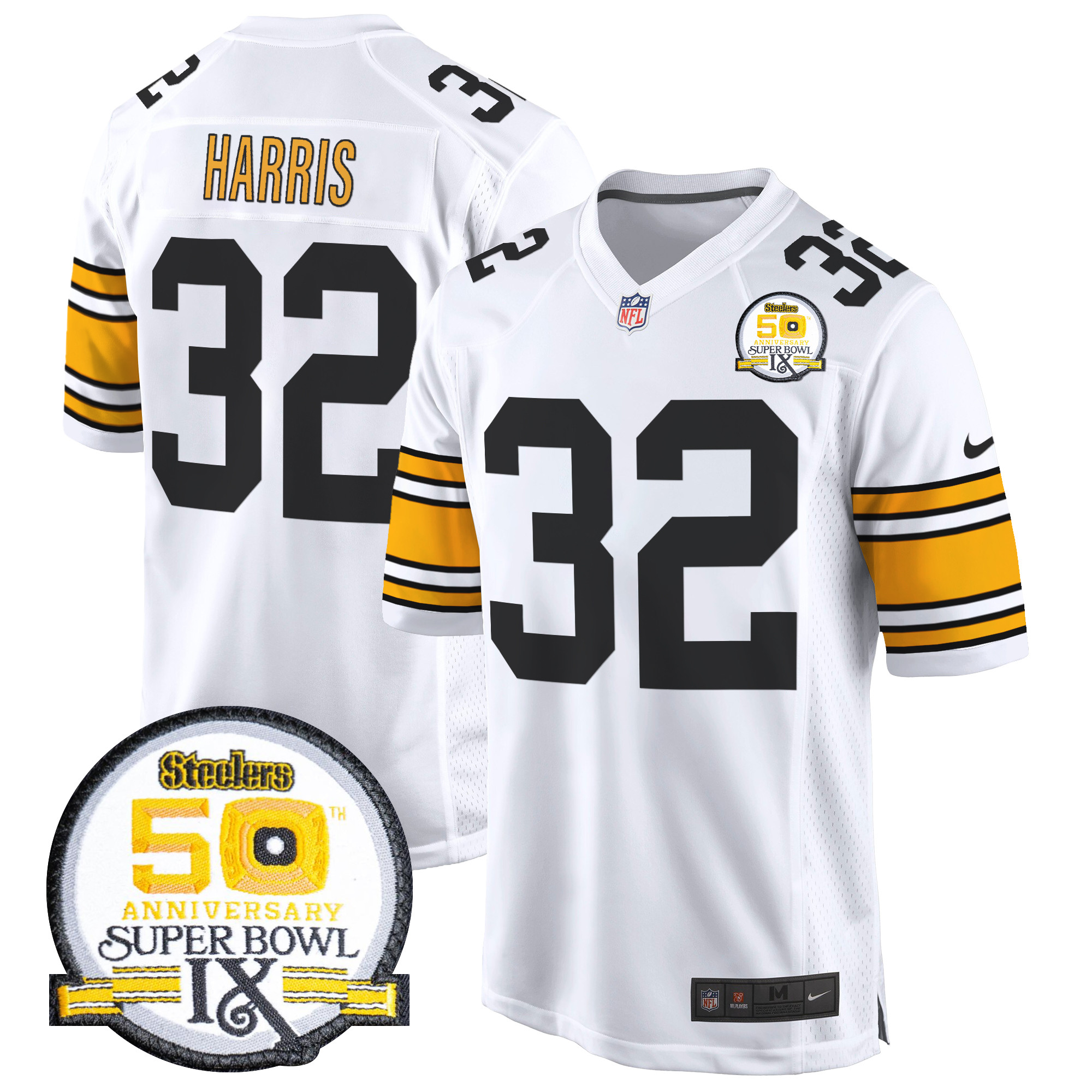 Men's Franco Harris Pittsburgh Steelers 50th Anniversary Of Super Bowl IX Patch Game 1975 White Jersey - All Stitched