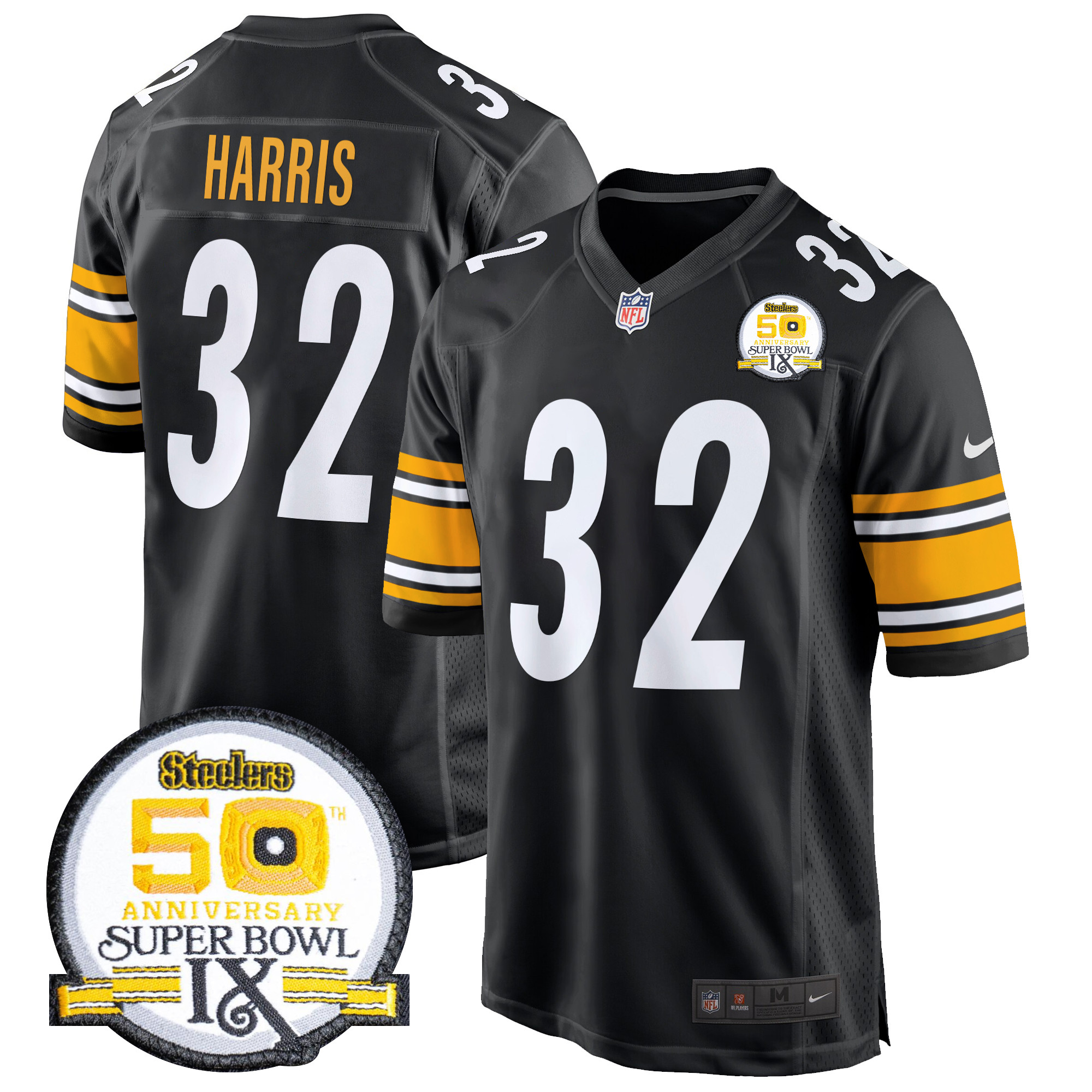 Men's Franco Harris Pittsburgh Steelers 50th Anniversary Of Super Bowl IX Patch Game Black Jersey - All Stitched