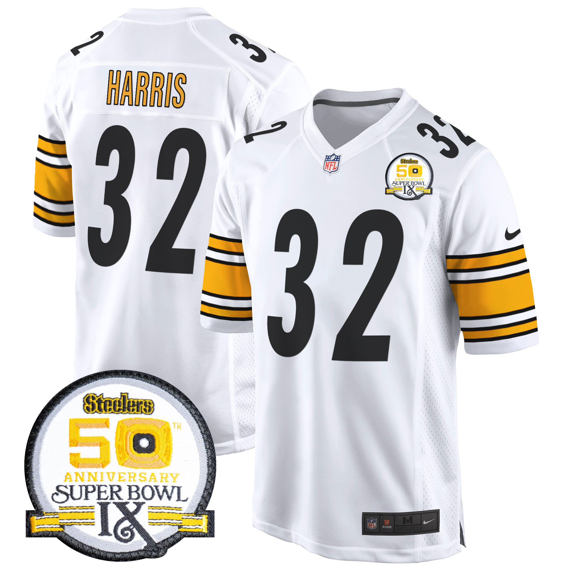 Men's Franco Harris Pittsburgh Steelers 50th Anniversary Of Super Bowl IX Patch Game White Jersey - All Stitched