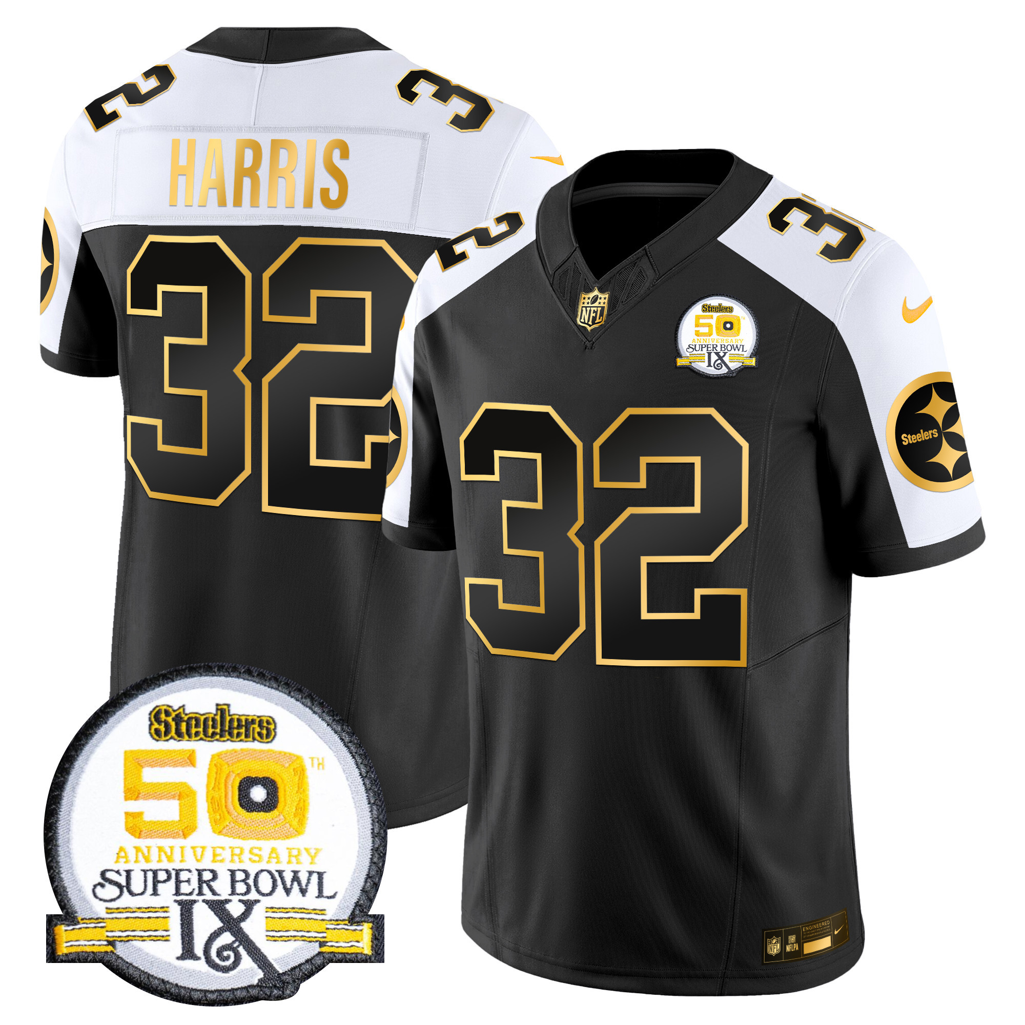 Men's Franco Harris Pittsburgh Steelers 50th Anniversary of Super Bowl IX Patch Gold Vapor Limited Alternate Jersey - All Stitched
