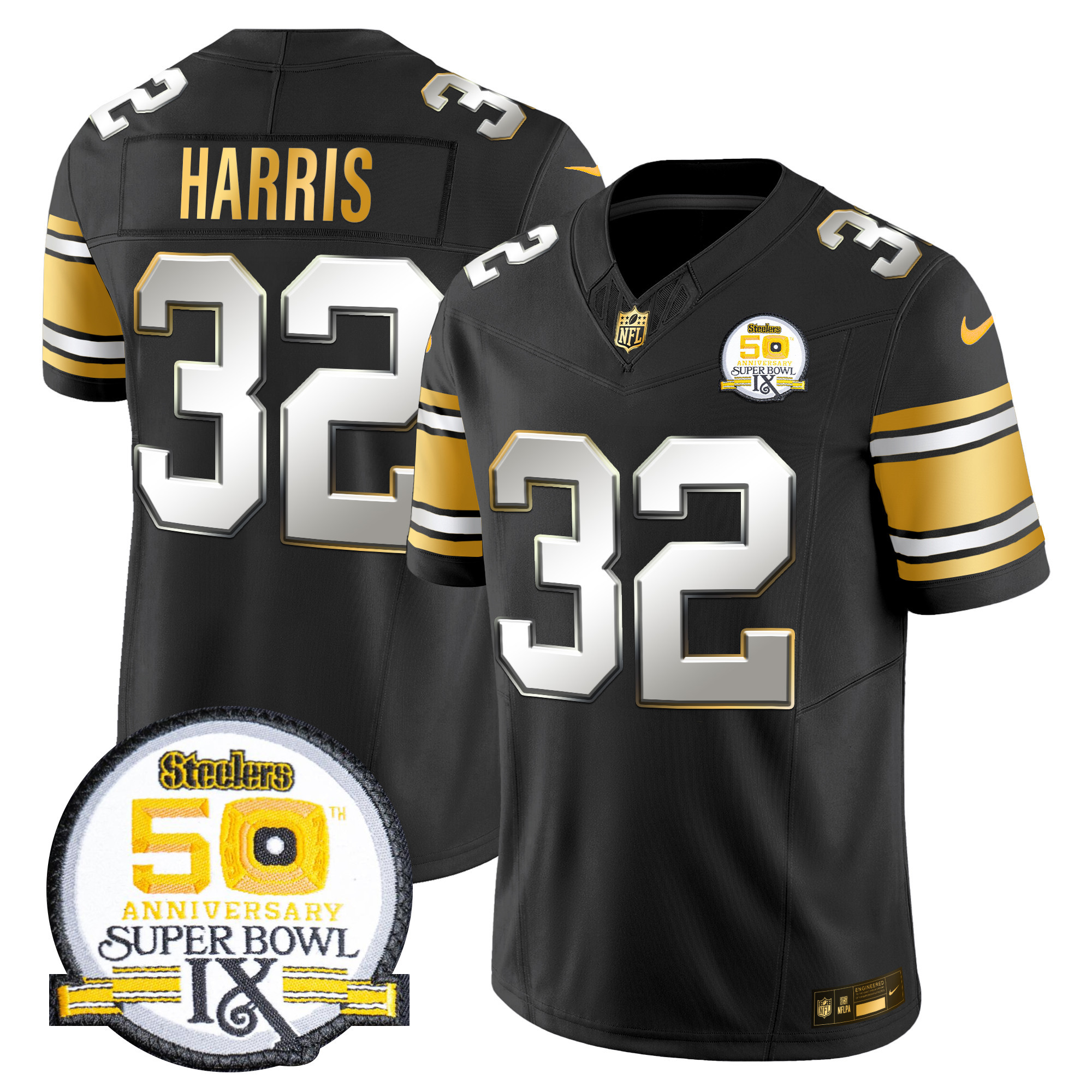 Men's Franco Harris Pittsburgh Steelers 50th Anniversary of Super Bowl IX Patch Gold Vapor Limited Black Limited Jersey - All Stitched
