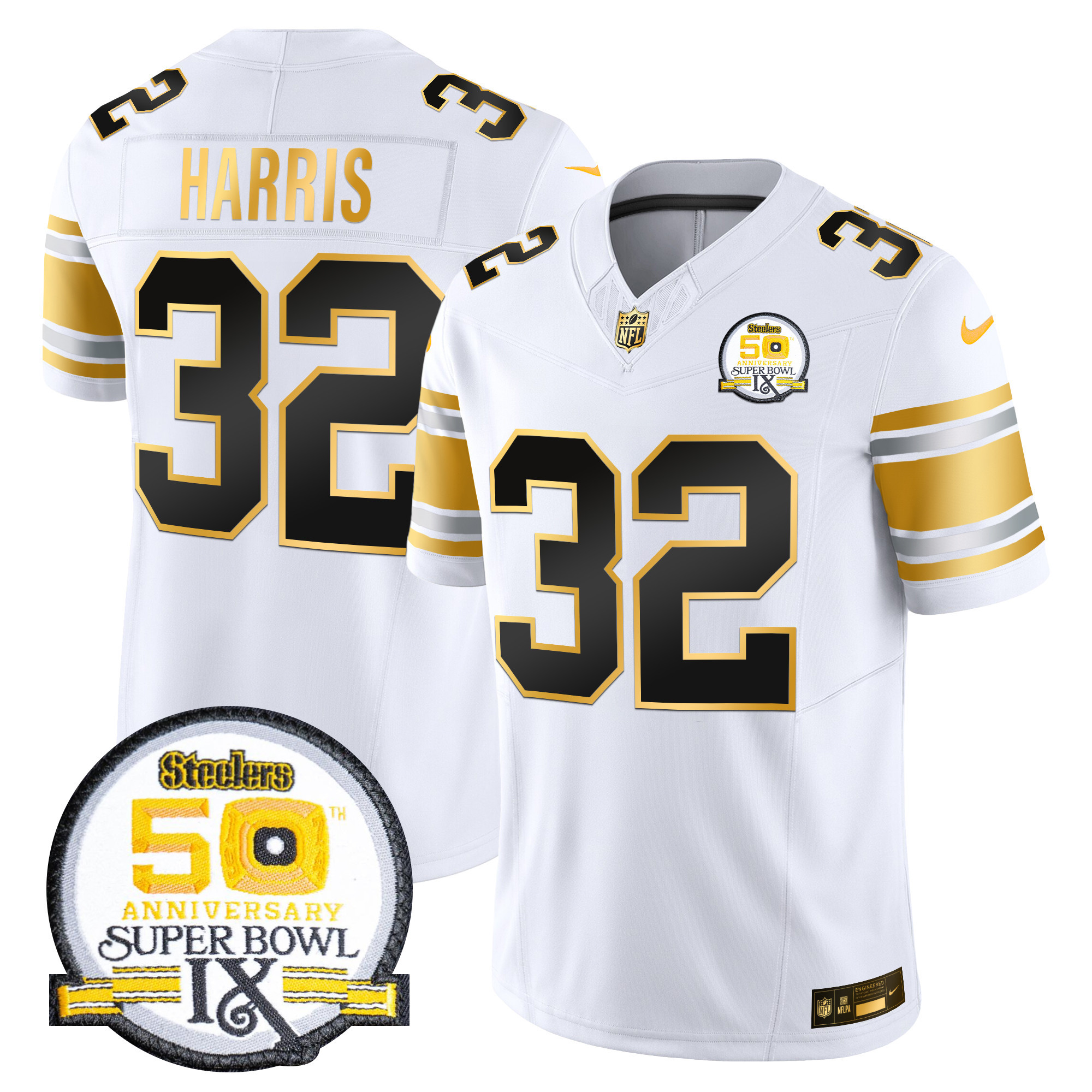 Men's Franco Harris Pittsburgh Steelers 50th Anniversary of Super Bowl IX Patch Gold Vapor Limited White Gold Jersey - All Stitched
