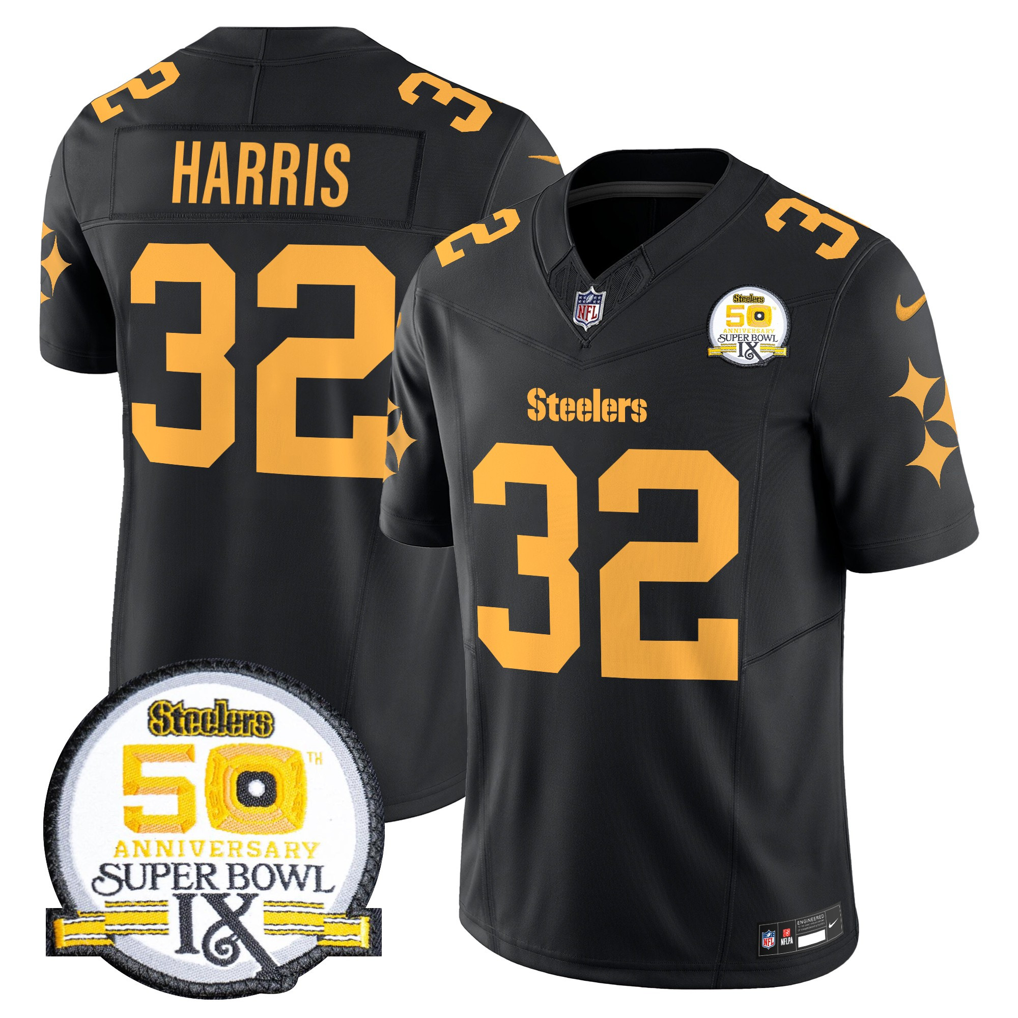Men's Franco Harris Pittsburgh Steelers 50th Anniversary Of Super Bowl IX Patch Vapor Limited Color Rush Jersey - All Stitched